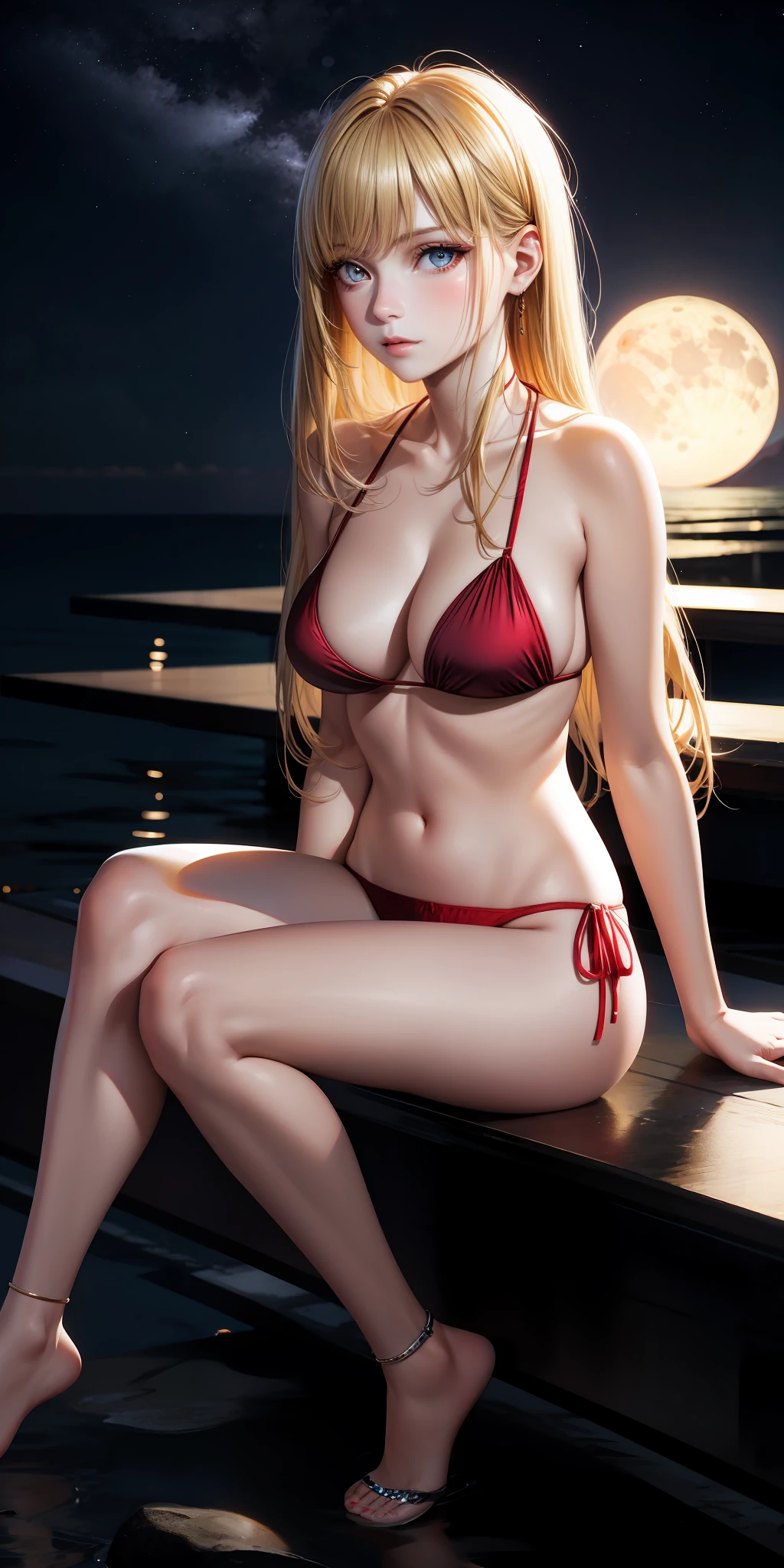 realistic, girl alone, blonde, red eyes, shining eyes, night, moon, sexy, sexy, bikini, sitting