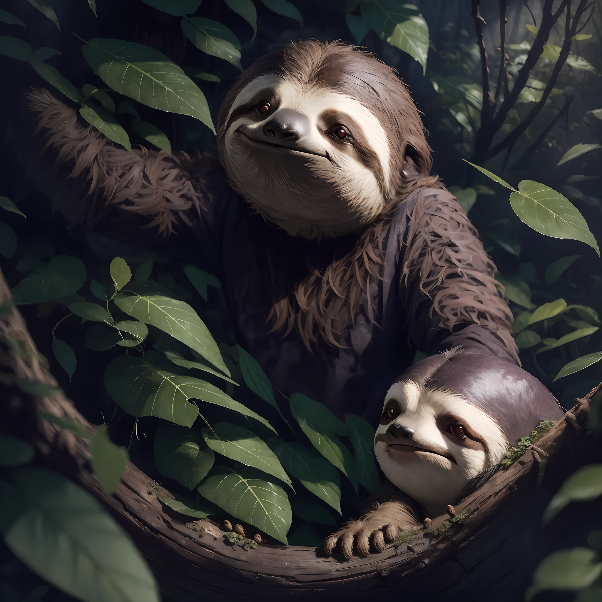 cartoon, ((sloth)), in the forest, smoking a leaf, wearing clothes, 4k, ((masterpiece)) --auto --s2