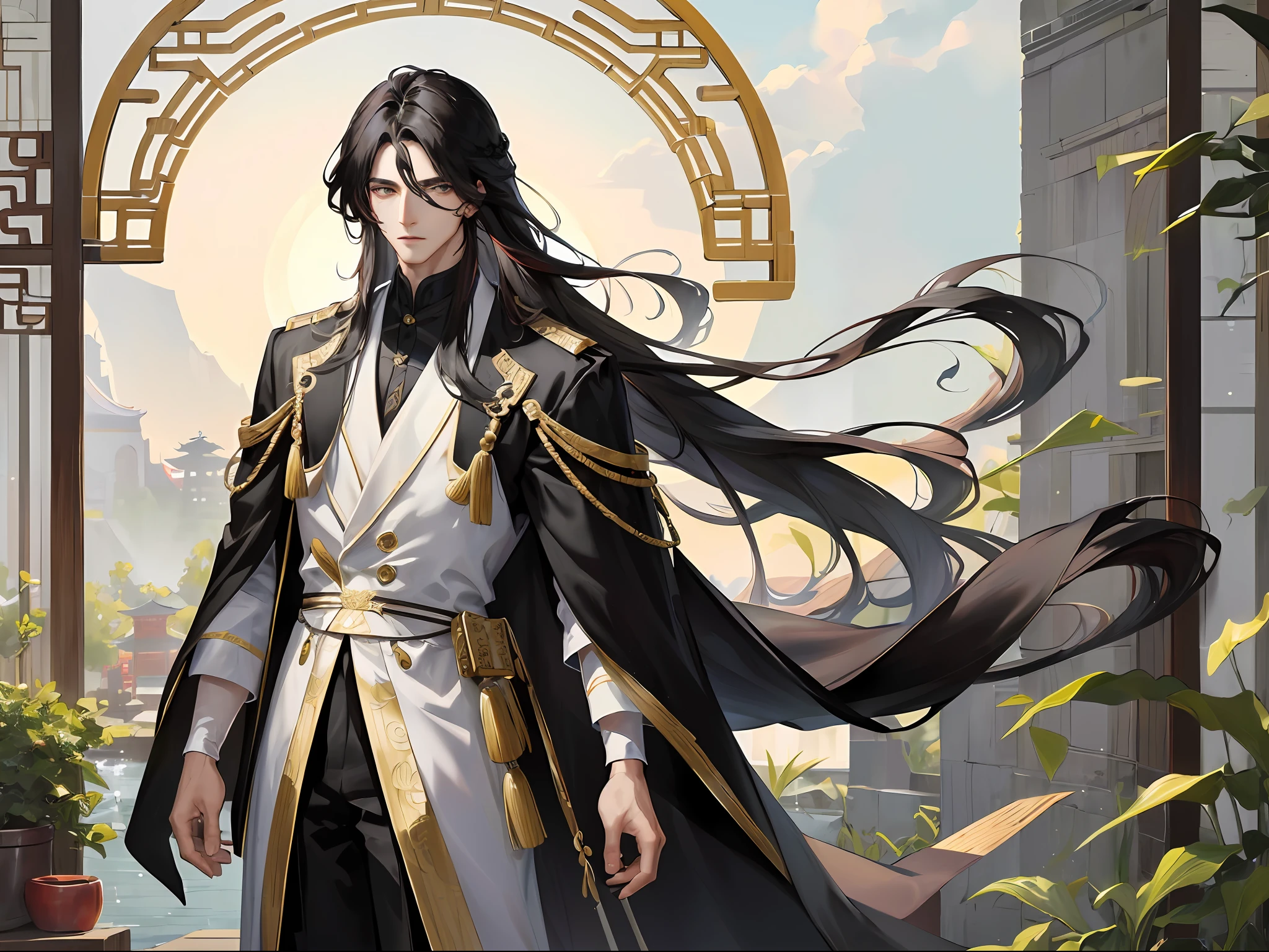 Masterpiece, superlative, lakeside branches, Chinese style, ancient Chinese, black hair and black eyes, split ends long hair and long bangs, handsome, masculine and gentle, tall and calm, black and gold mixed, exquisite facial features, facial details, courtyard, a man