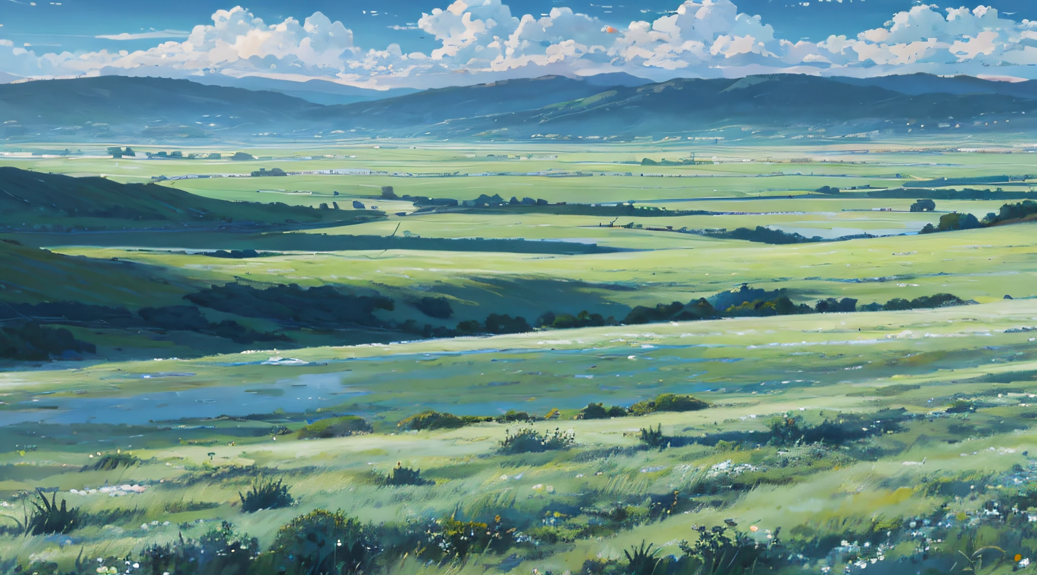 The sky is blue, white clouds, oil painting style, sheep, rivers, flowers