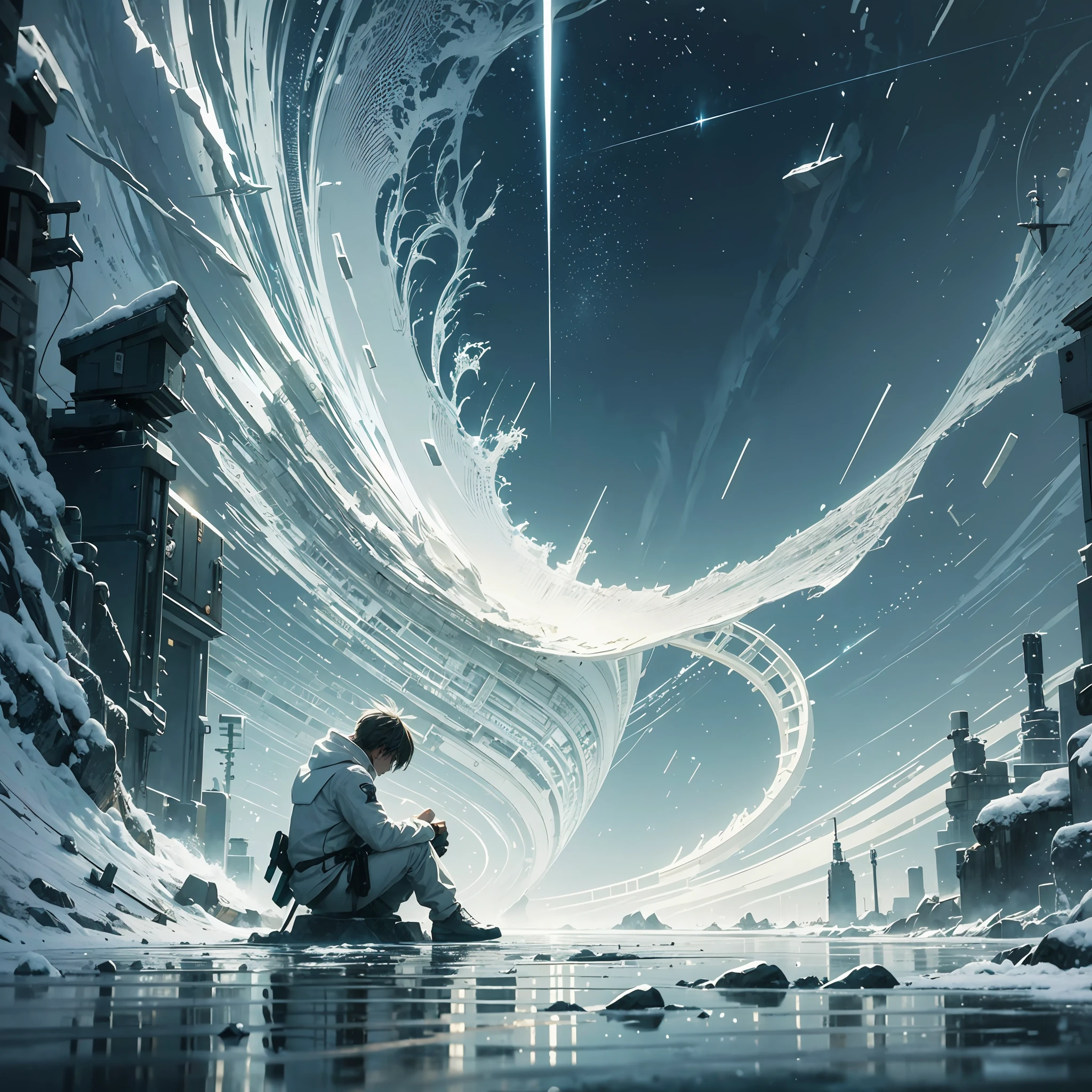 Whiteout, image of the protagonist sitting alone in a quiet place, express that the protagonist is in an environment where there is nothing around, how he keeps away the existence chasing the protagonist, some empty atmosphere or loneliness --auto --s2