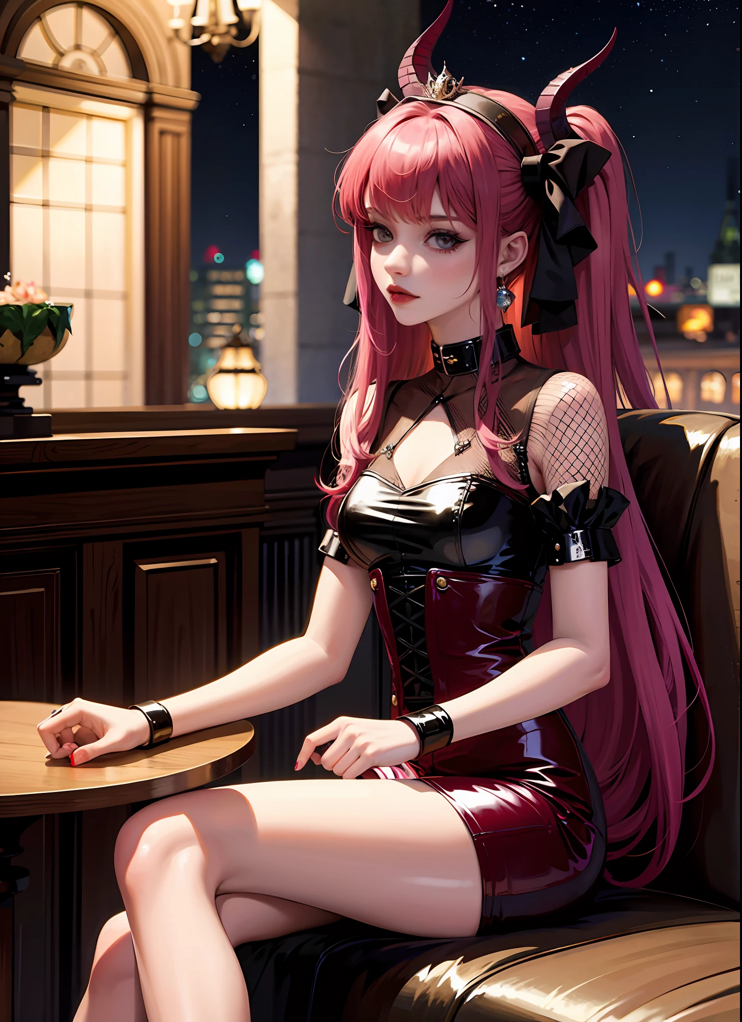 best quality, masterpiece,Elizabeth bathory, emo girl, piercing, fish net, latex shorts, sitting, tattoo, long hair, night, street,