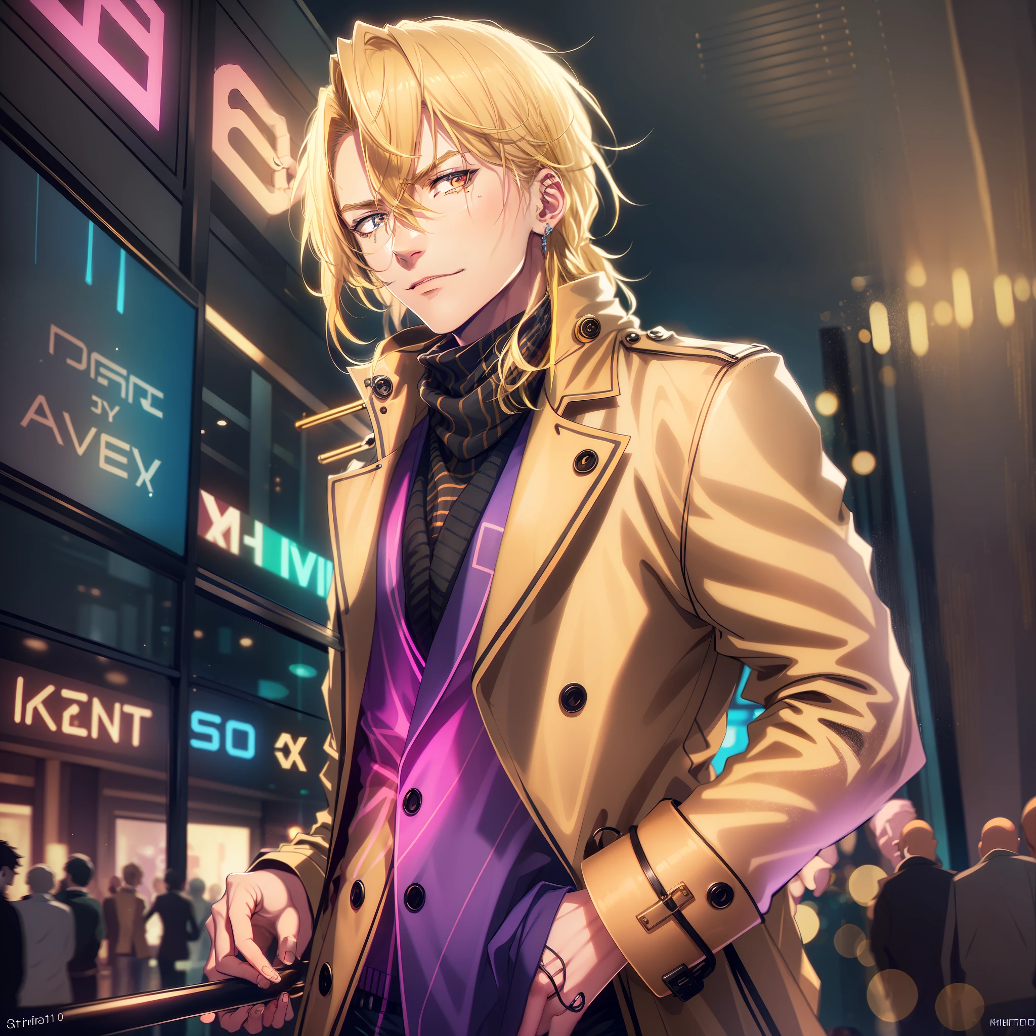 (best quality), a strikingly handsome (blonde man:1.2) in a (trench coat) and (scarf:0.9), (in a nightclub),(vivid colorful neon lights: 1.1), alluring atmosphere, detailed face.