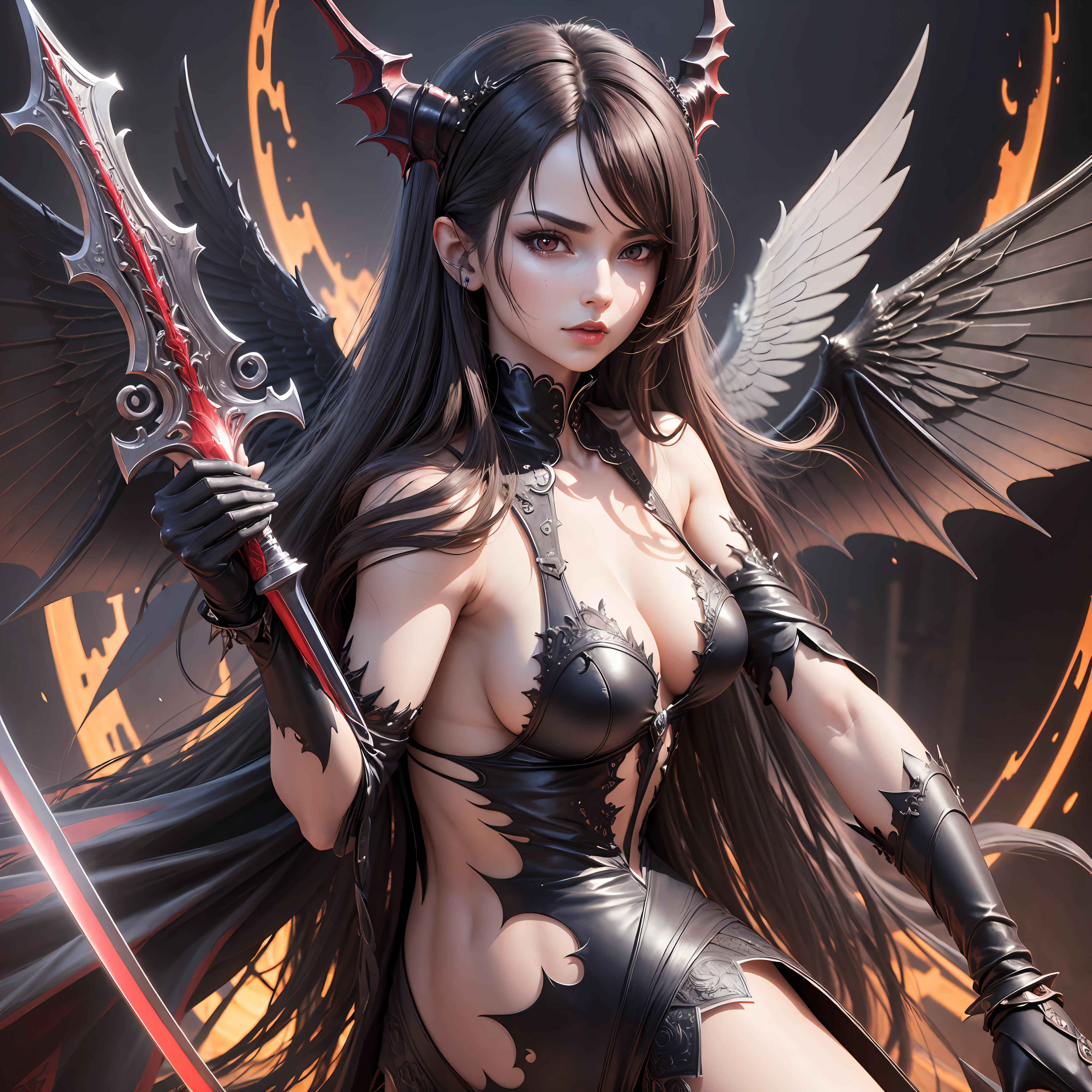 ((Best Quality)),((Masterpiece)). (Detail:1.4),3D succubus demon angel with a sword in left hand background high resolution hell --auto --s2