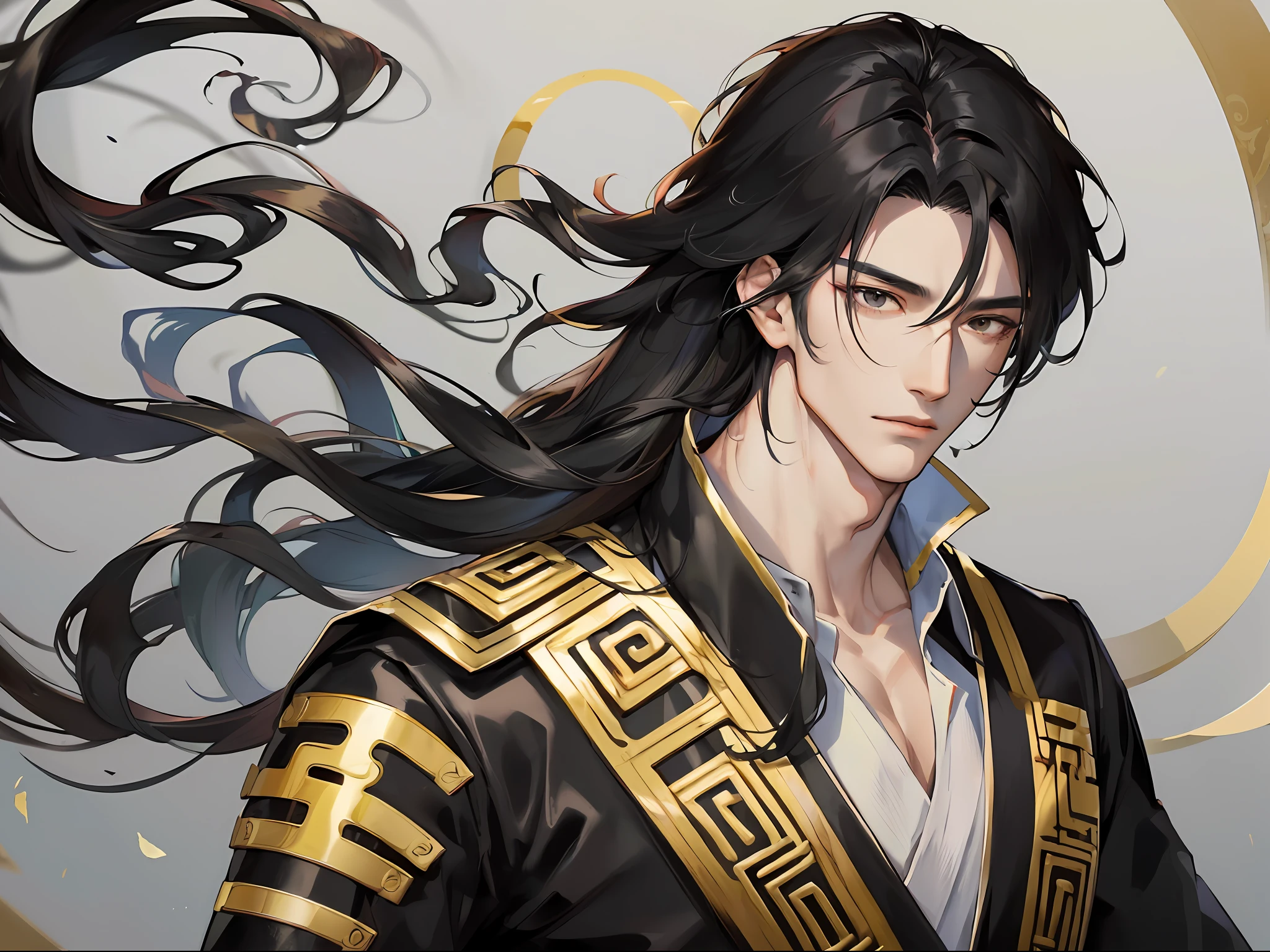 Masterpiece, Excellent, 1 male mature man, Chinese style, ancient Chinese, black hair and black eyes, split ends long hair and long bangs, handsome, masculine and gentle, tall and calm, black and gold mixed dragon pattern, prince, exquisite facial features, facial details, 1 male, upper body, inn, solo,