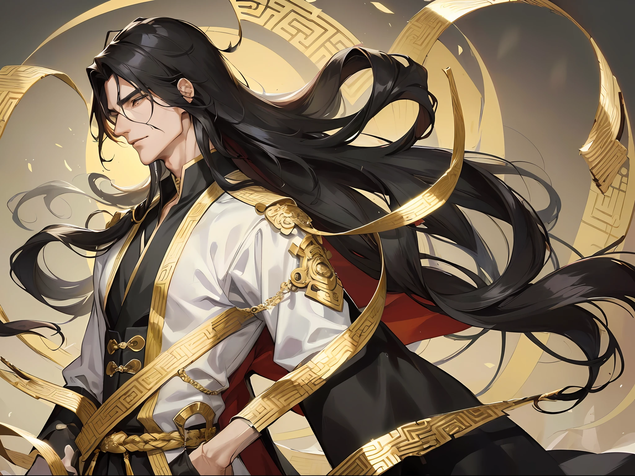 Masterpiece, Excellent, 1 male mature man, Chinese style, ancient Chinese, black hair and black eyes, split ends long hair and long bangs, handsome, masculine and gentle, tall and calm, black and gold mixed dragon pattern, prince, exquisite facial features, facial details, 1 male, upper body, background is inn, solo,