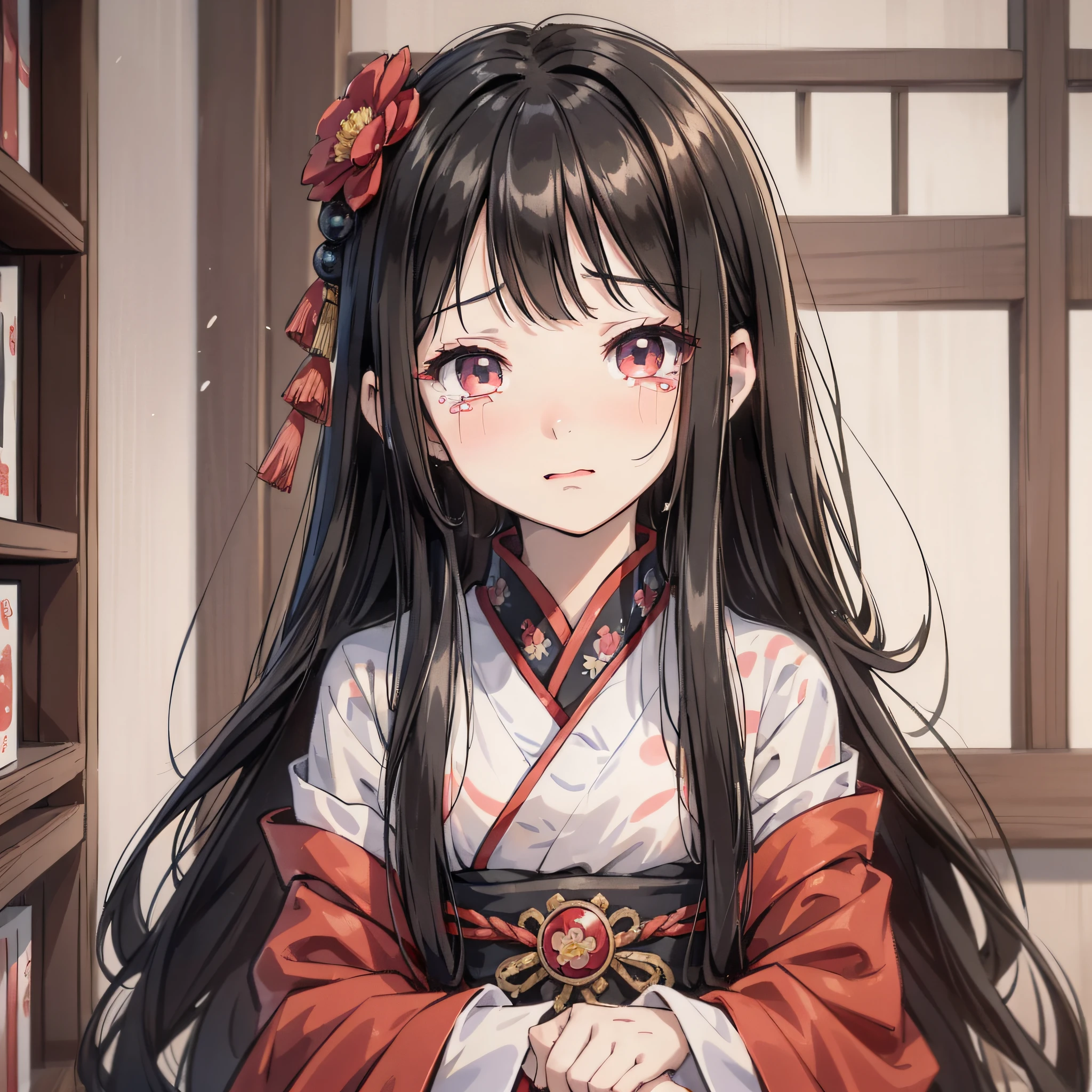 Ancient Chinese anime little girl with long black hair and about 10 years old wearing red Hanfu, red flower 1.3 (crying expression 1.5) (head down and tears 1.5) (tears 1.8) (open mouth crying 1.2) (background is ancient Chinese room 1.5) anime style 4 K, anime rendering, Guvez style artwork, anime style. 8k, Guvitz, beautiful anime girl, beautiful anime face, cute anime girl (big eyes full of tears 1.5) (upper body display 1.5) (crystal beautiful eyes 1.5) (poor milk 1.3) (juvenile little girl 1.3) (cinematic light 1.5)