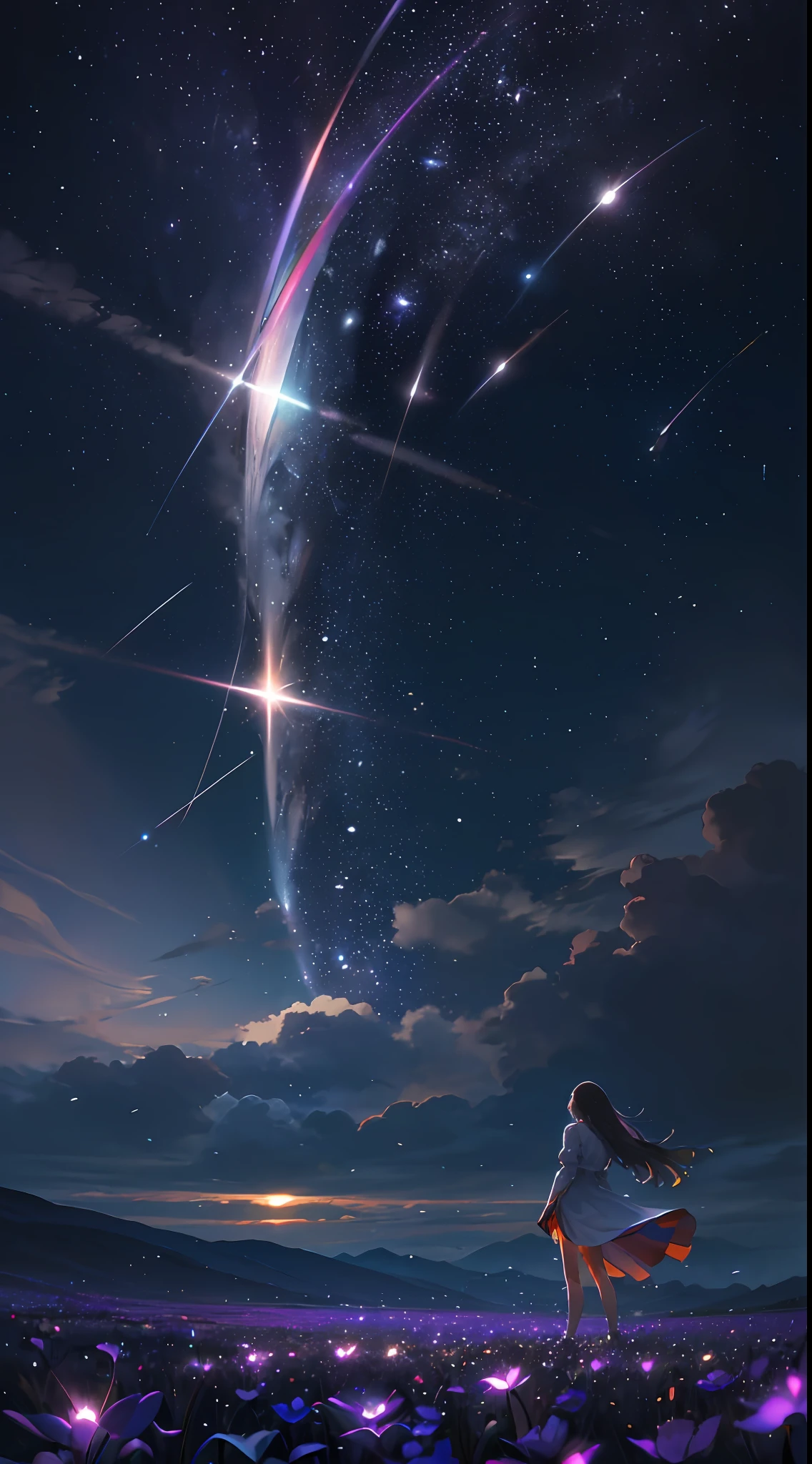 Vast landscape photo, (viewed from below, the sky is above and the open field is below), a girl standing on a flower field looking up, (full moon: 1.2), (meteor: 0.9), (nebula: 1.3), distant mountains , Trees BREAK Crafting Art, (Warm Light: 1.2), (Fireflies: 1.2), Lights, Lots of Purple and Orange, Intricate Details, Volumetric Lighting, Realism BREAK (Masterpiece: 1.2), (Best Quality), 4k, Ultra-Detailed, (Dynamic Composition: 1.4), Very Detailed, Colorful Details, (Rainbow Colors: 1.2), (Glow Lighting, Atmospheric Lighting), Dreamy, Magical, (Solo: 1.2) --auto --s2