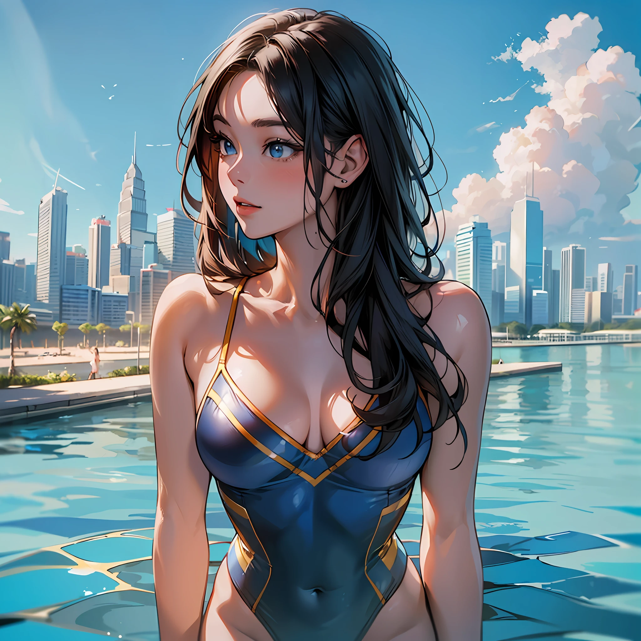 (8k), (highest quality), (masterpiece: 1.2), (realistic), (photorealistic: 1.37), super detailed, one girl, viewer looking at the viewer, full body, 25 years old, light blue and gradient one-piece swimsuit with red and yellow, Marina Bay Sands, infinity bath