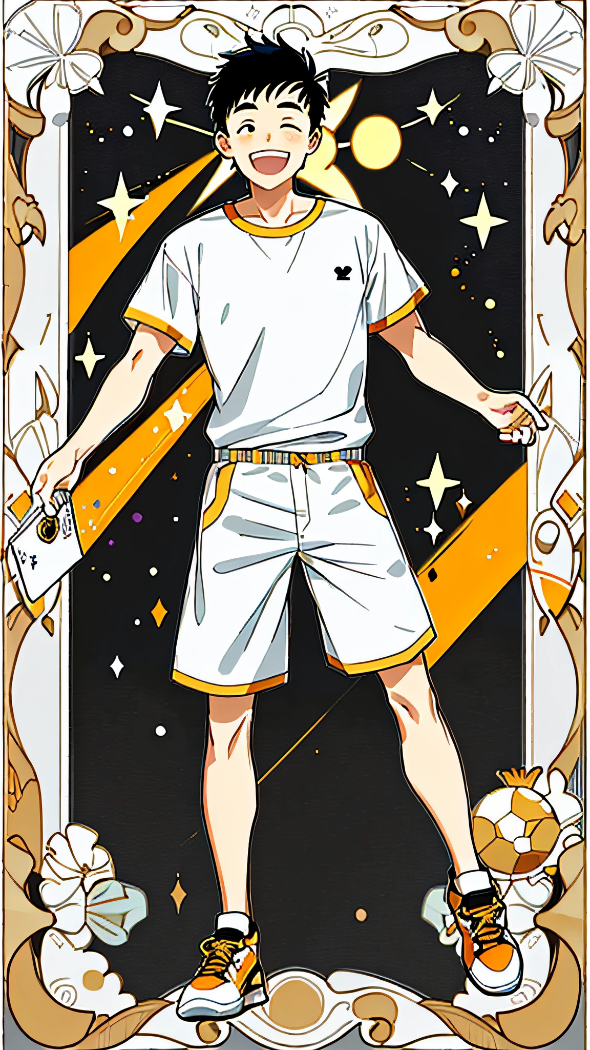 masterpiece, best quality, full body, card, 1 man, the sun, happy, laugh, short hair, black hair, brush cut, white shirt, standing, white, light, yellow, orange, black, buzz cut, bara, street style, white t-shirt, short pant, sport, center, man, looking at viewer, holding nothing