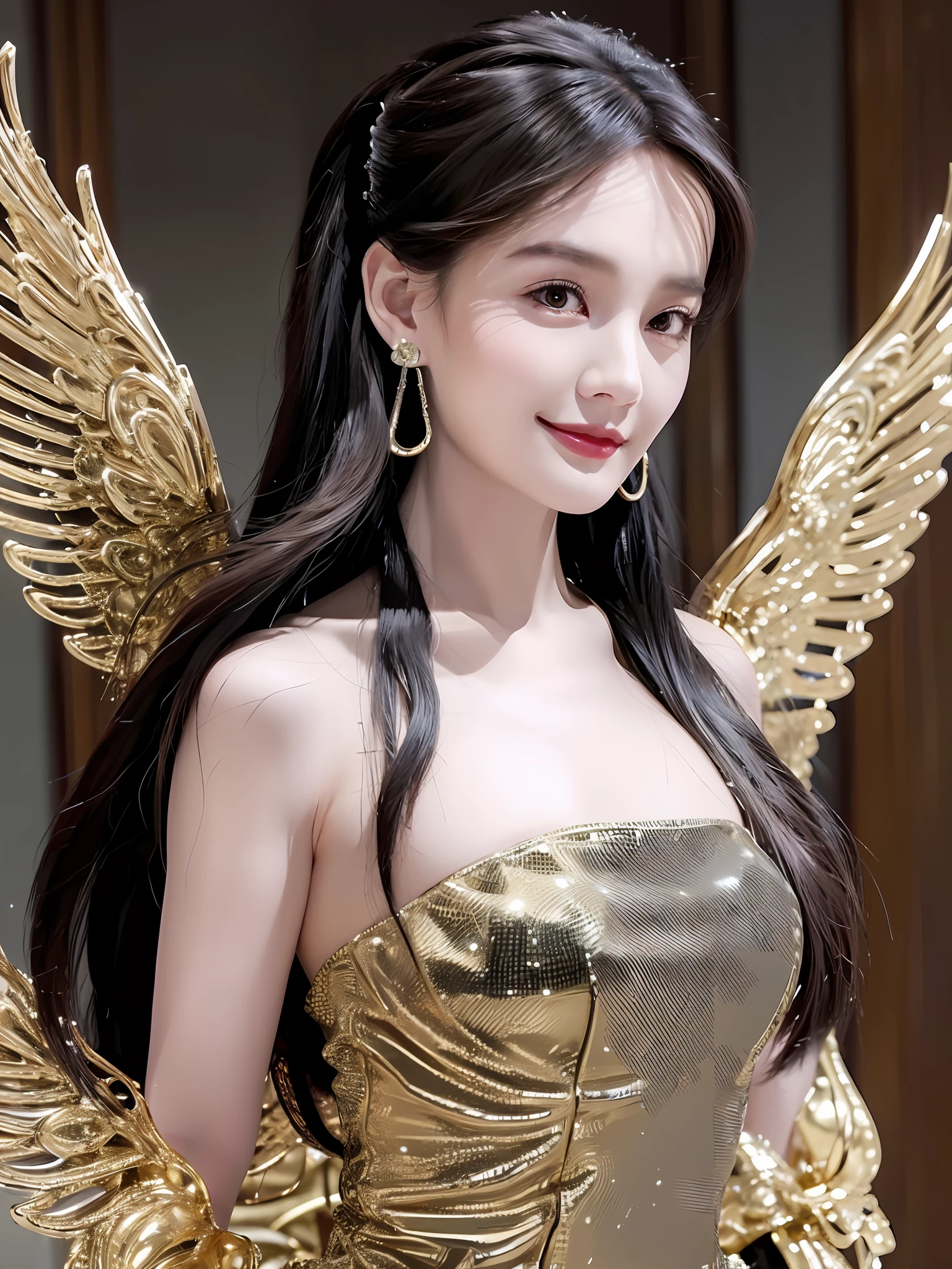 jewelry, solo, earrings, necklace, brunette hair, smile, single bun, (formal:1.6), reality, bun, bracelet, grin, ulzzang-6500v1.1, (original: 1.2), (reality: 1.3) , beautiful girl with beautiful details, extremely detailed eyes and face, eyes with beautiful details, ridiculous, incredibly ridiculous, huge file size, ultra detail, high resolution, super detailed, best quality, masterpiece, Illustrations, super detailed and beautiful, super detailed, CG, unity, 8k wallpaper, amazing, fine details, masterpiece, top quality, official art, extremely detailed CG Unity 8k wallpaper, cinematic lights, (perfect shiny skin: 0.6), slim and smooth lines, (floating), (small breasts: 1), earrings, two pronounced angel wings, vista, do not show your hands