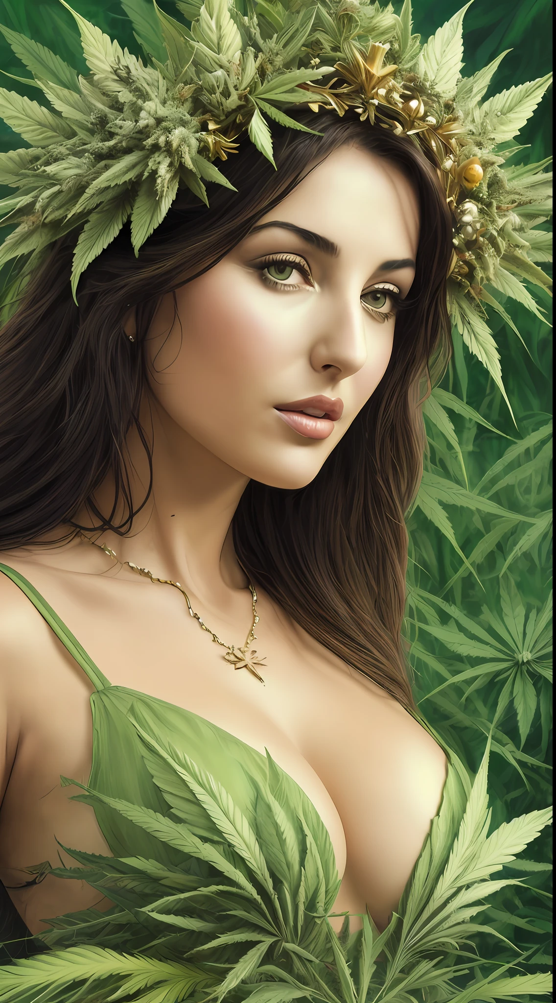 QCG art of a beautiful Italian girl, 1girl, (Monica Bellucci face:1.2), (marijuana goddess:1.2), (ganja queen:1.2), (marijuana leaf crown:1.2), (cannabis fashion:1.2), cute girl, Curvy body type, glamor pose, smirk, eyebrow up, Italian culture, Sicily Cannabis Garden Background, (paint by SamDoesArts:1.3)