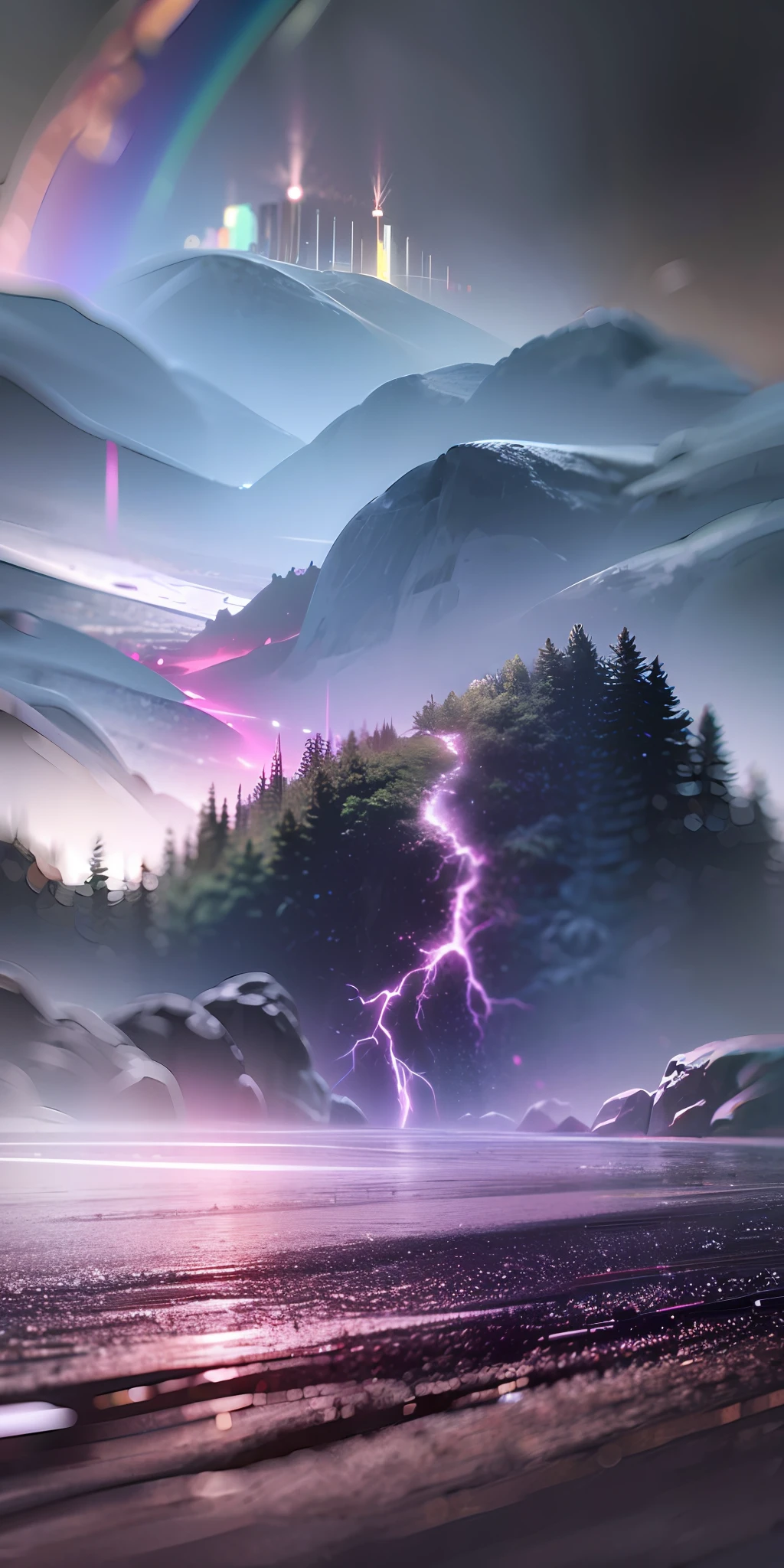 analog style,Chromav5, nvinkpunk,masterpiece, best quality, high quality,extremely detailed CG unity 8k wallpaper, scenery, outdoors, tree, no humans, sky, cloud, mountain, nature, river,  water, rock, cloudy sky, day, landscape, reflection, lake, blue sky, building, mountainous horizon,heavy rain, rainbow, rain, Stormy, lightning, mist, fog , oil paiting, award winning photography, Bokeh, Depth of Field, HDR, bloom, Chromatic Aberration ,Photorealistic,extremely detailed, trending on artstation, trending on CGsociety, Intricate, High Detail, dramatic, art by midjourney --auto --s2