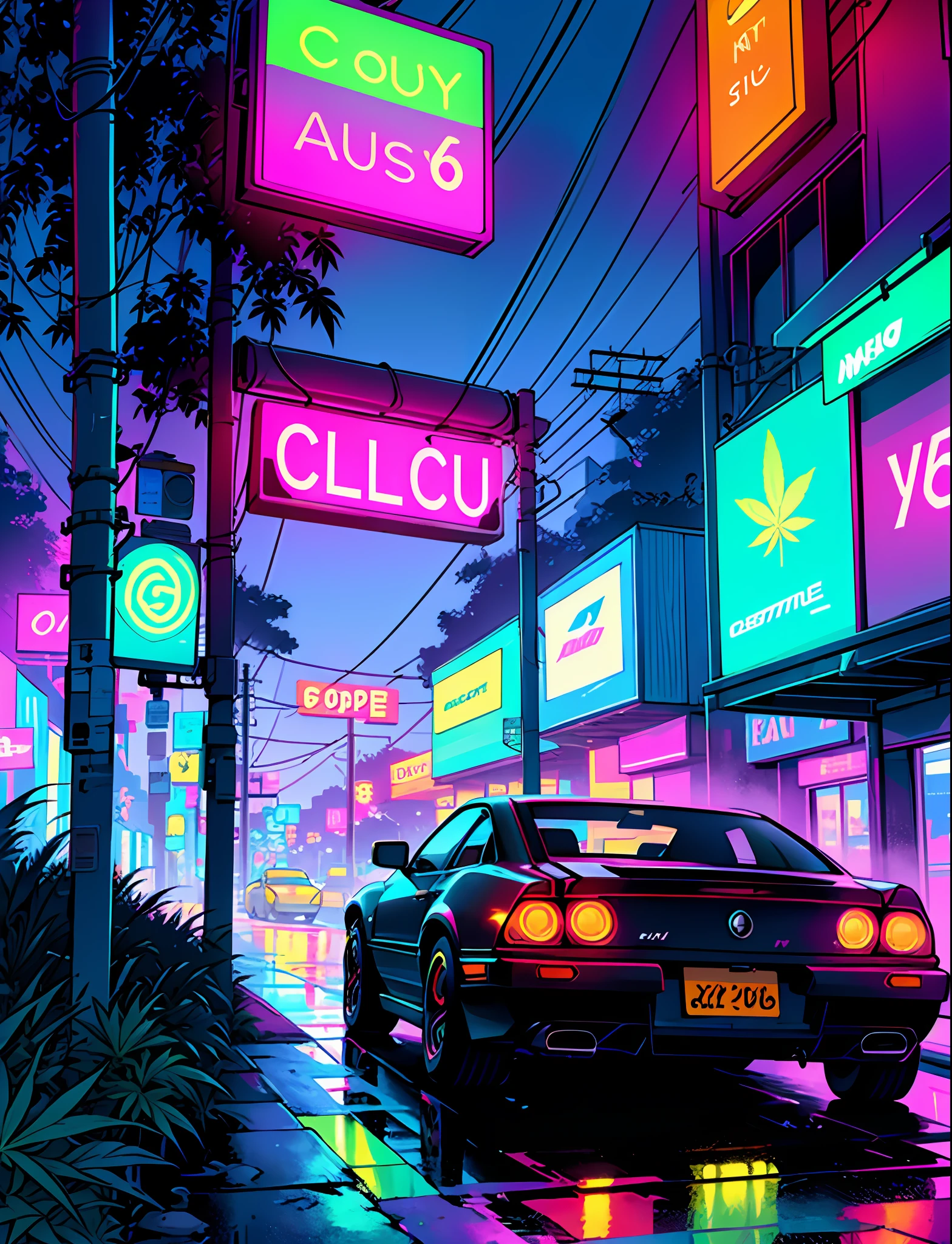Cool chic car on a wet road. , neon lights, neon, retrowave, club,,,, in love Hemp, leaf, marijuana, cannabis, ((illustration)), colorful, wallpaper, energy, secret, magical environment, omniscience, prediction of the future, understanding the past, frost magic, --v 6