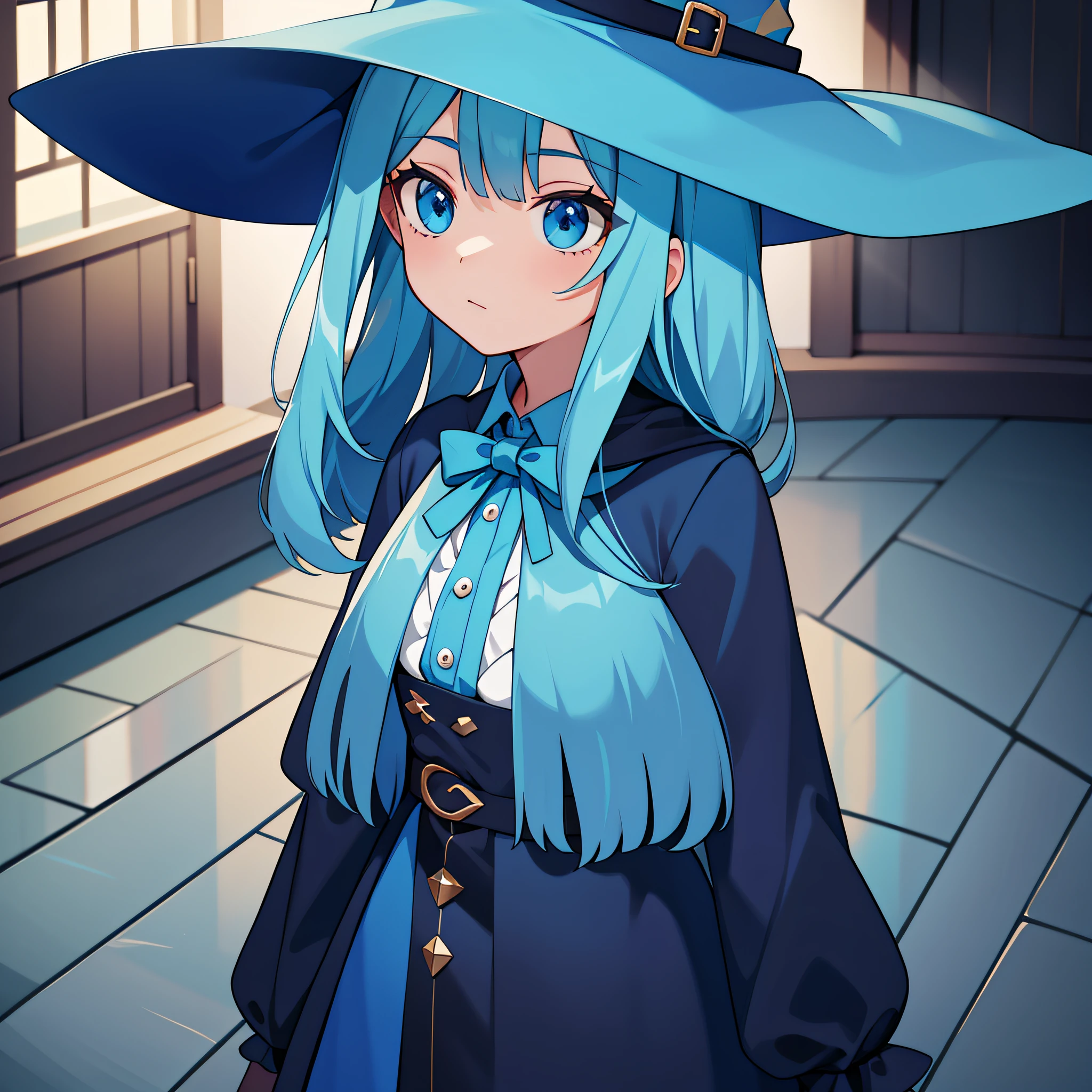 Witch, Carolina blue colors, witch hat, witch outfit, in a room where it is raining rainbow sprinkles, masterpiece, best quality