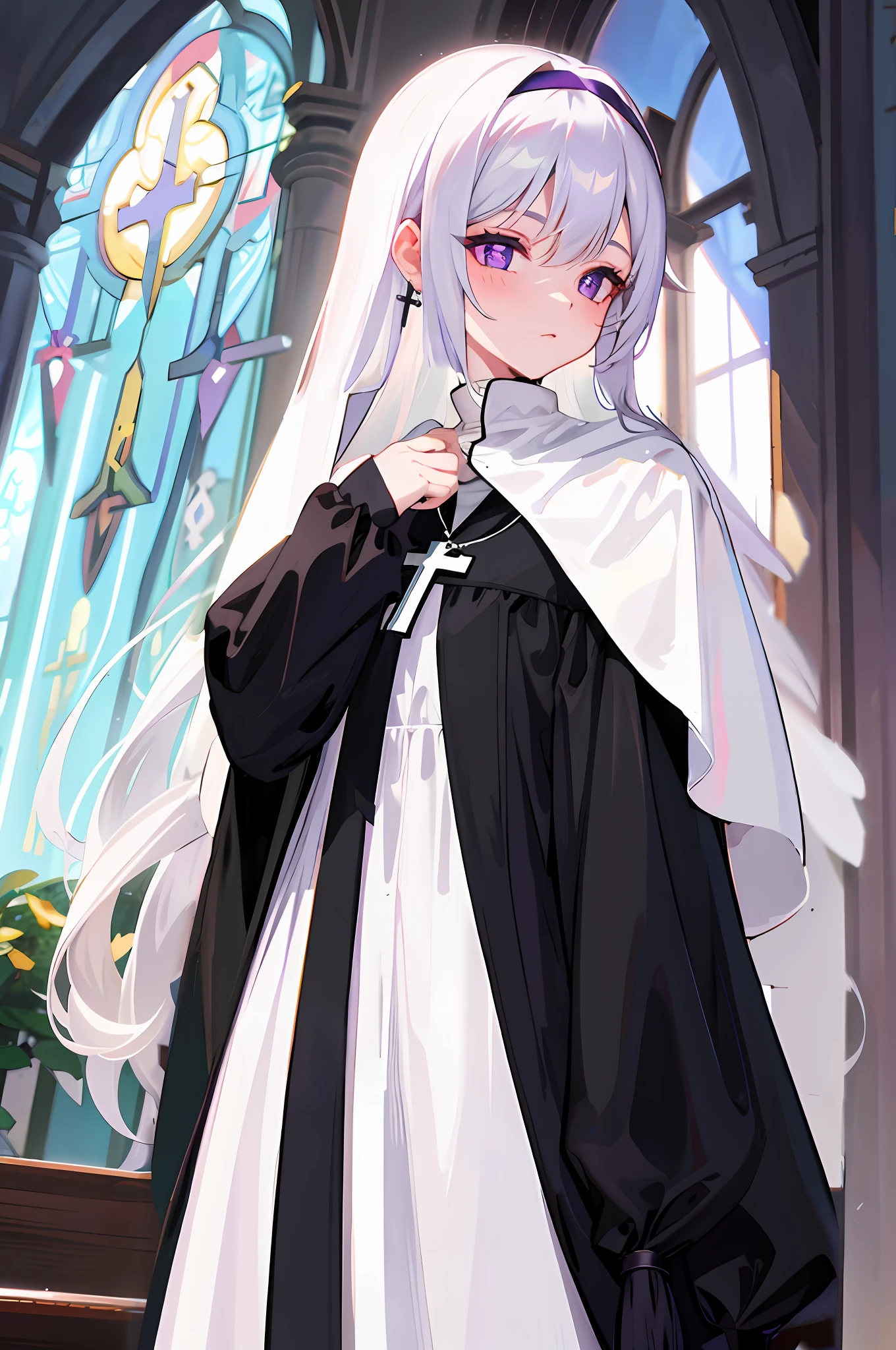 White nun dress, cross necklace, black cloak