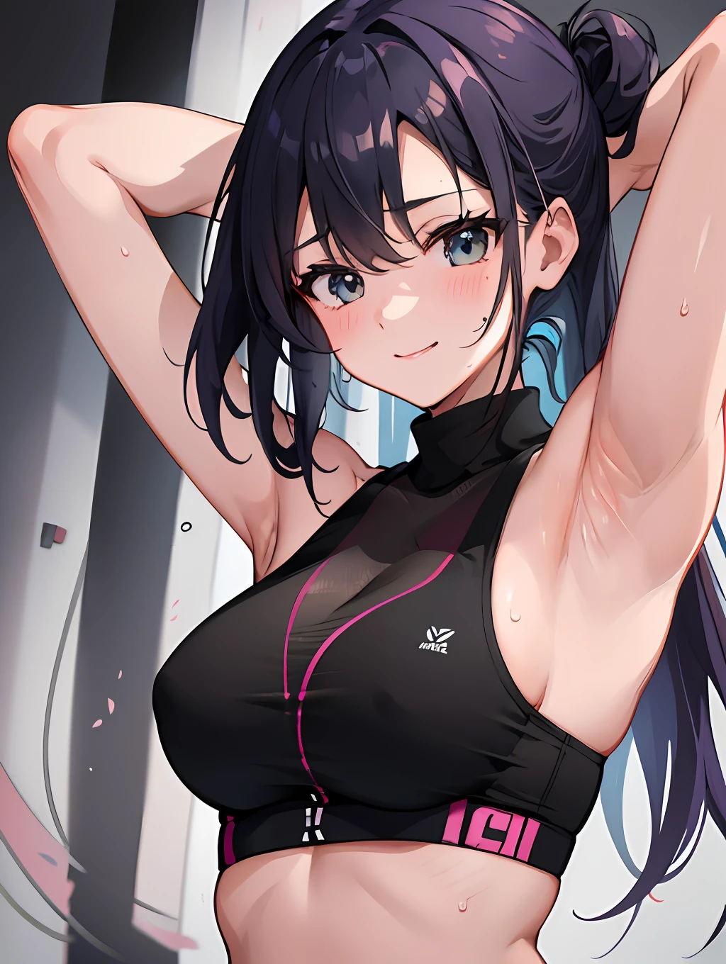 master-piece,hyper quality,hyper detailed,perfect drawing,1 beauty, smile, good light, blush, armpit sweat, bust up, portrait, sporty, active, sportswear, sports bra, leggings pants (0.7), playground, toned body, arms raised up and spread wide, underarm hairbristle, hairy, axillary,