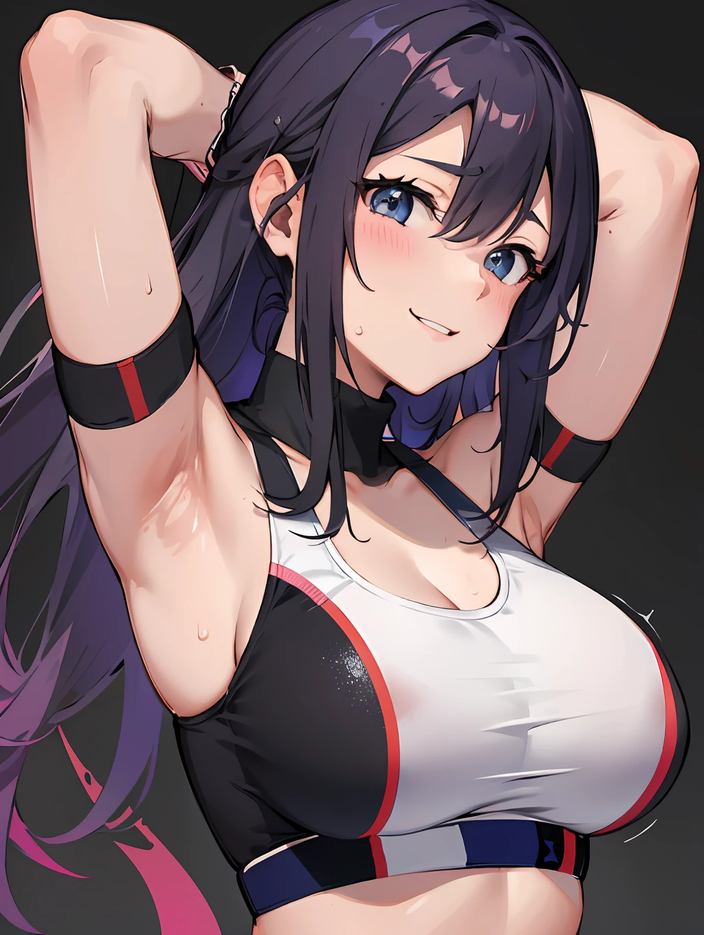 master-piece,hyper quality,hyper detailed,perfect drawing,1 beauty, smile, good light, blush, armpit sweat, bust up, portrait, sporty, active, sportswear, sports bra, leggings pants (0.7), playground, toned body, arms raised up and spread wide, underarm hairbristle, hairy, axillary,