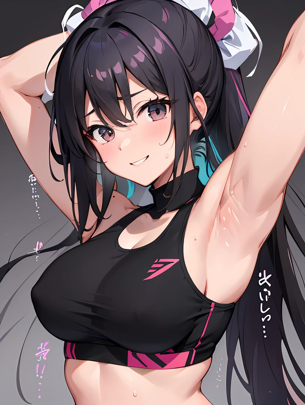 master-piece,hyper quality,hyper detailed,perfect drawing,1 beauty, smile, good light, blush, armpit sweat, bust up, portrait, sporty, active, sportswear, sports bra, leggings pants (0.7), playground, toned body, arms raised up and spread wide, underarm hairbristle, hairy, axillary,