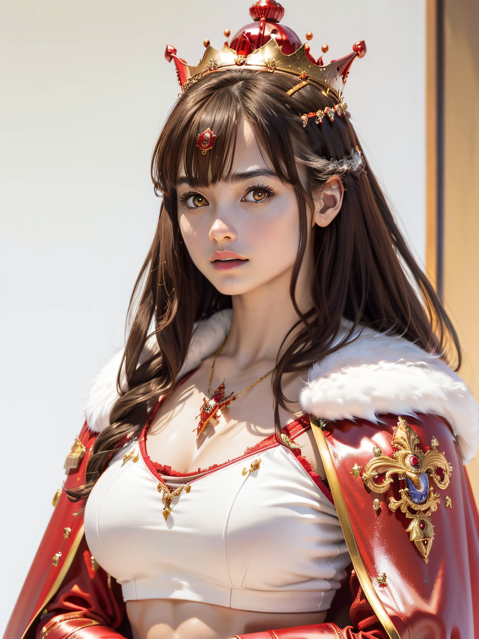 (masterpiece, top quality, highest quality, official art, beautiful and aesthetic: 1.2), ultra-detailed complex 3D rendering of face, various poses, (((huge breasts: 2.4)), white crop top: 1.10, (exposure: 1.1), perfect figure: 1.4, slim abs: 1.1, (1 girl), (red armor of the warrior queen, cape lined with fur, jeweled crown: 2.2), serious, cleavage, brown hair, white skin