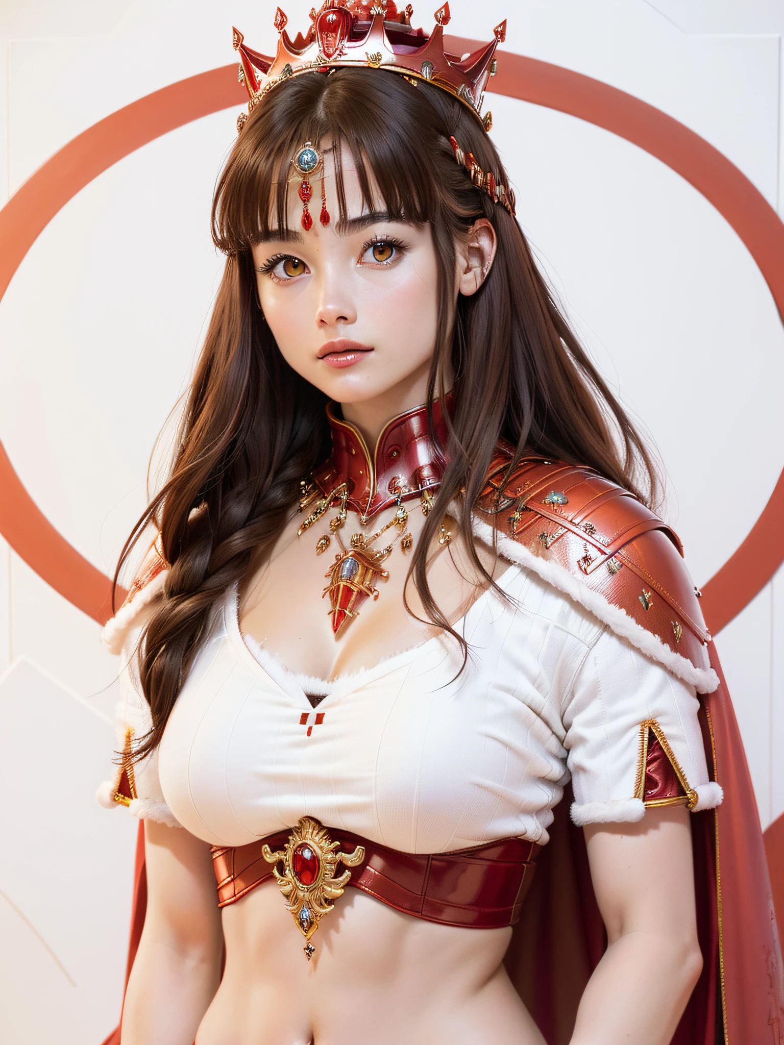 (masterpiece, top quality, highest quality, official art, beautiful and aesthetic: 1.2), ultra-detailed complex 3D rendering of face, various poses, (((huge breasts: 2.4)), white crop top: 1.10, (exposure: 1.1), perfect figure: 1.4, slim abs: 1.1, (1 girl), (red armor of the warrior queen, cape lined with fur, jeweled crown: 2.2), serious, cleavage, brown hair, white skin