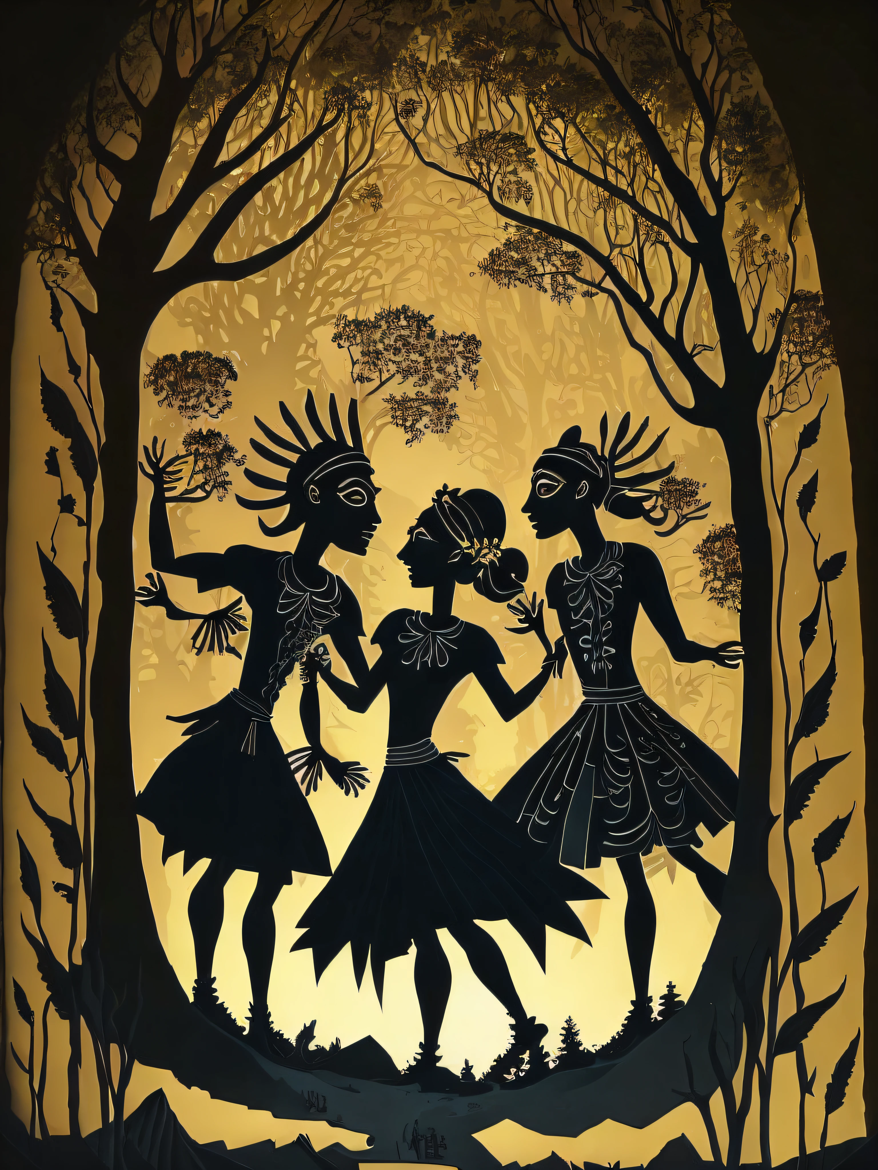 a paper cut scene of a group of trribal people dancing on a fileld  with trees and jungle in the background by Lotte Reiniger