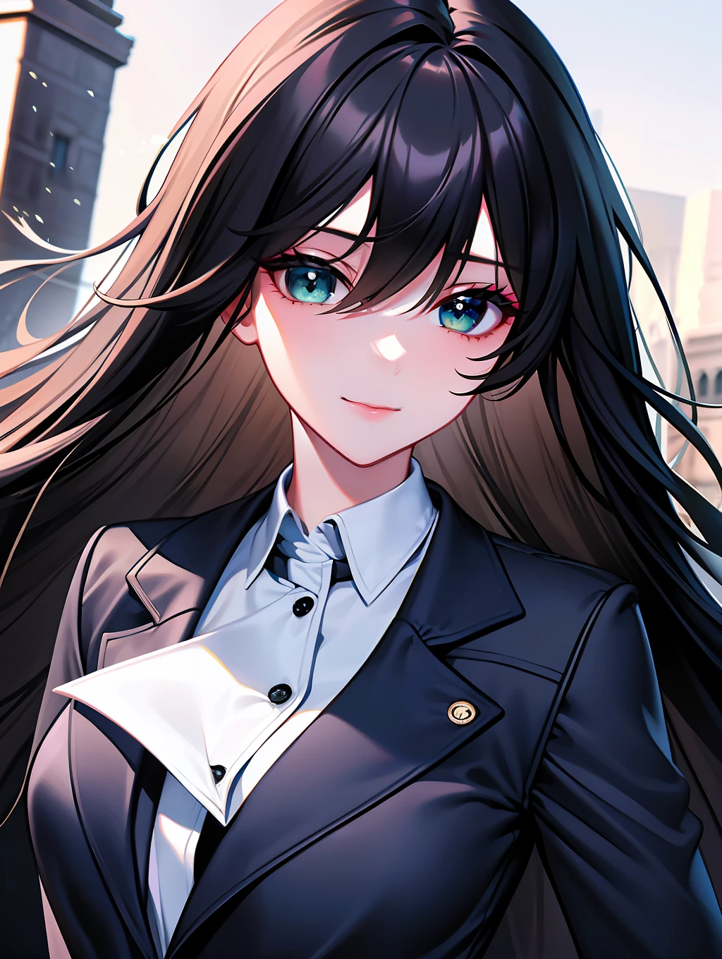Two-dimensional, a girl, girl, black hair, hair between the eyes, long hair, scattered, hair blown up by the wind, green eyes, deep eyes, big watery eyes, smile, gentle, sister fan, sister, girls' high school uniform, JK, high-grade lighting, exquisite picture, exquisite eyes, best shadow, best picture quality, best light, rich details, atmosphere, high resolution, masterpiece