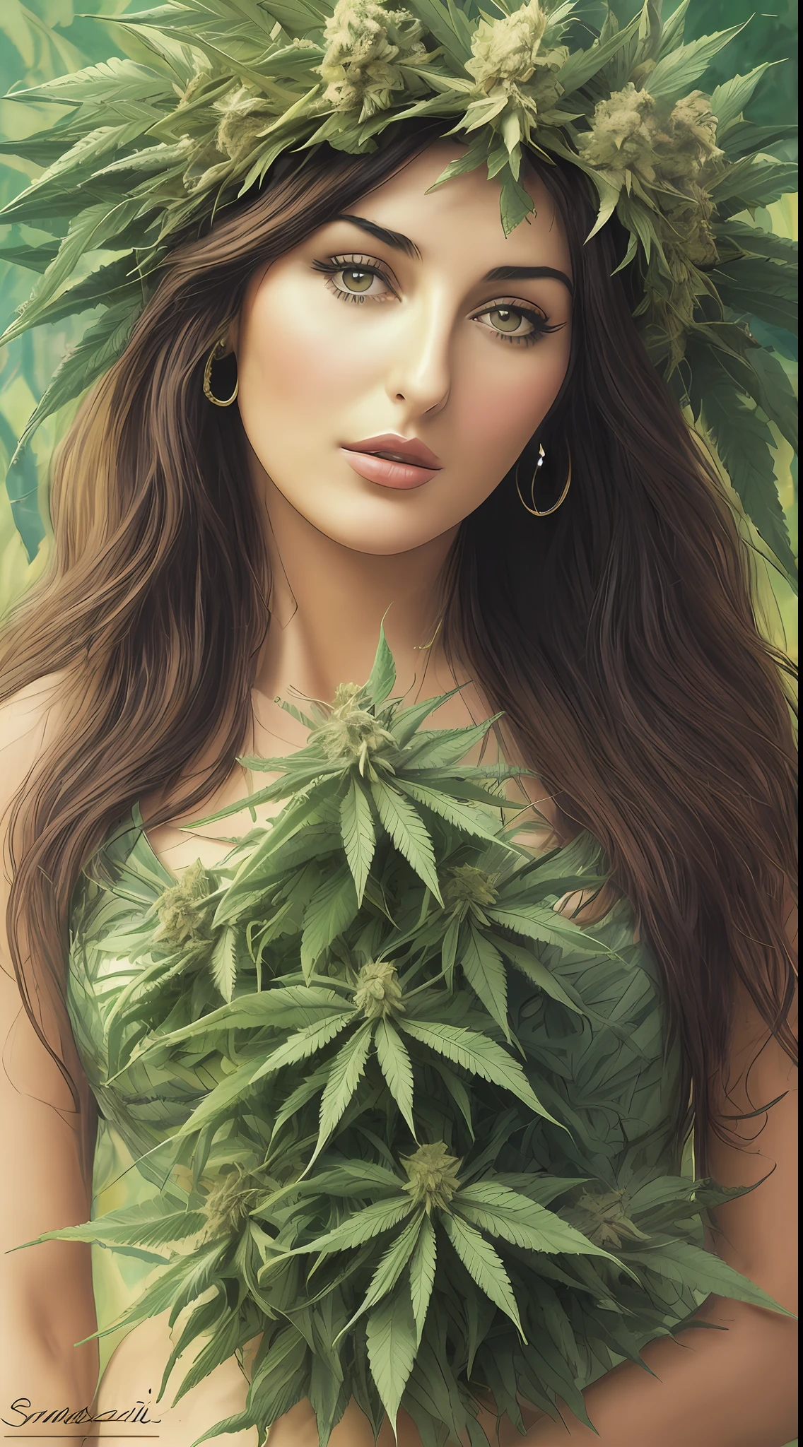 QCG art of a beautiful Italian girl, 1girl, (young Monica Bellucci face:1.3), (marijuana goddess:1.2), (ganja queen:1.2), (marijuana leaf crown:1.2), (cannabis fashion:1.2), cute girl, Curvy body type, glamor pose, smirk, eyebrow up, Italian culture, Sicily Cannabis and Wine Garden Background, (paint by SamDoesArts:1.3)