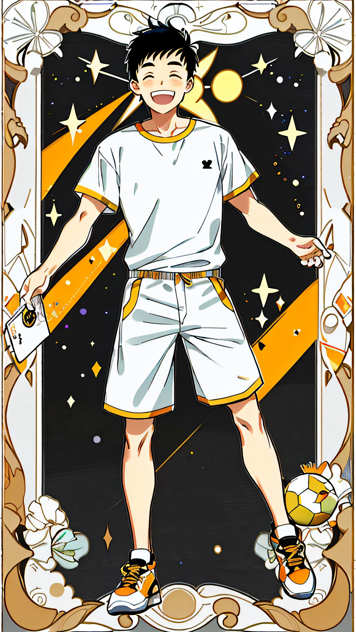 masterpiece, best quality, full body, card, 1 man, the sun, happy, laugh, short hair, black hair,  brush cut, white shirt, standing, white, light,  yellow, orange, black,  buzz cut, bara, street style, white t-shirt, short pant, sport, center, man, looking at viewer, holding nothing
