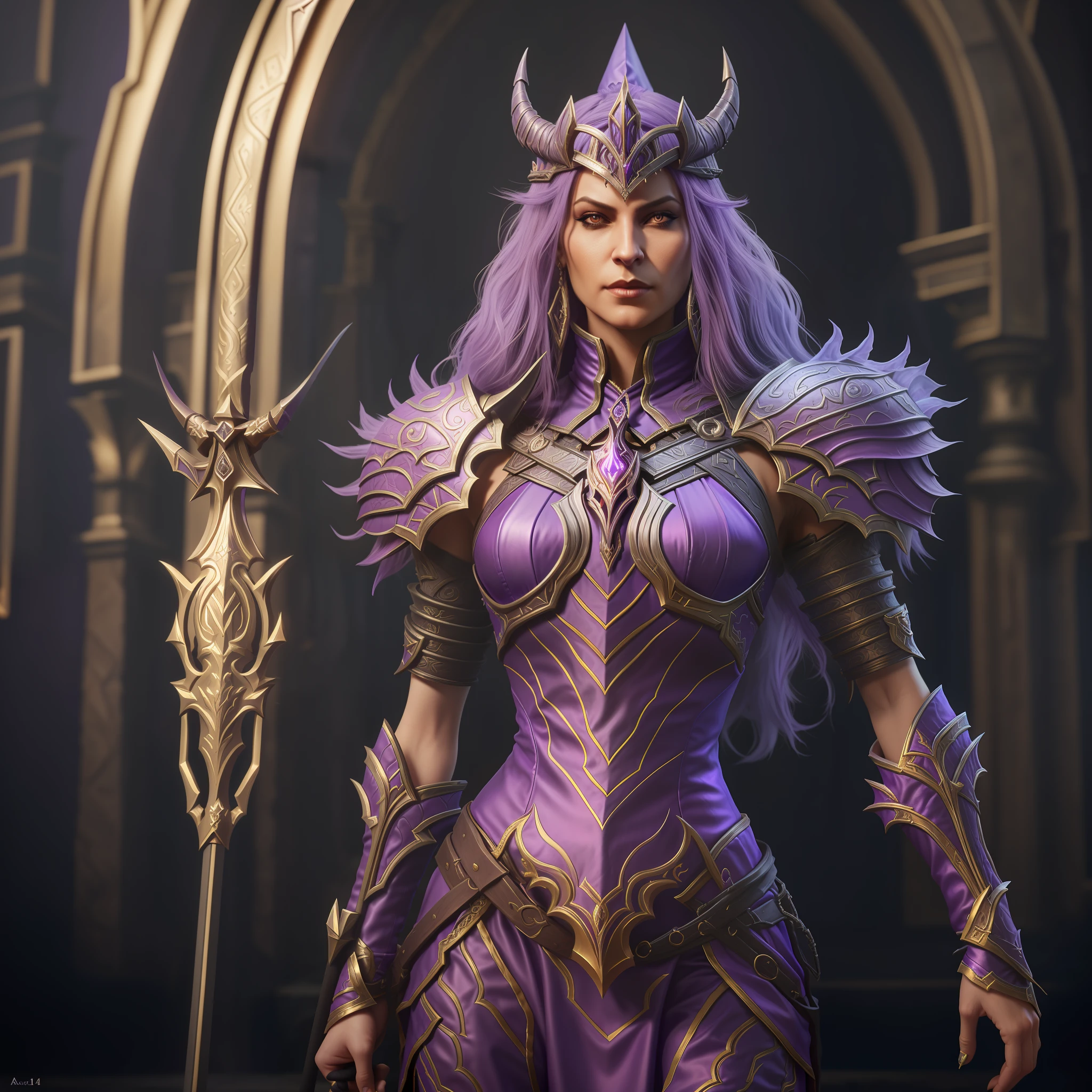 arafed woman in a purple outfit holding a sword and a staff, diablo 4 queen, hyperdetailed fantasy character, art 8 k, portrait of a queen, amazing 8k character concept art, alexandra fomina artstation, diablo 4 lilith, realistic details, thessalion