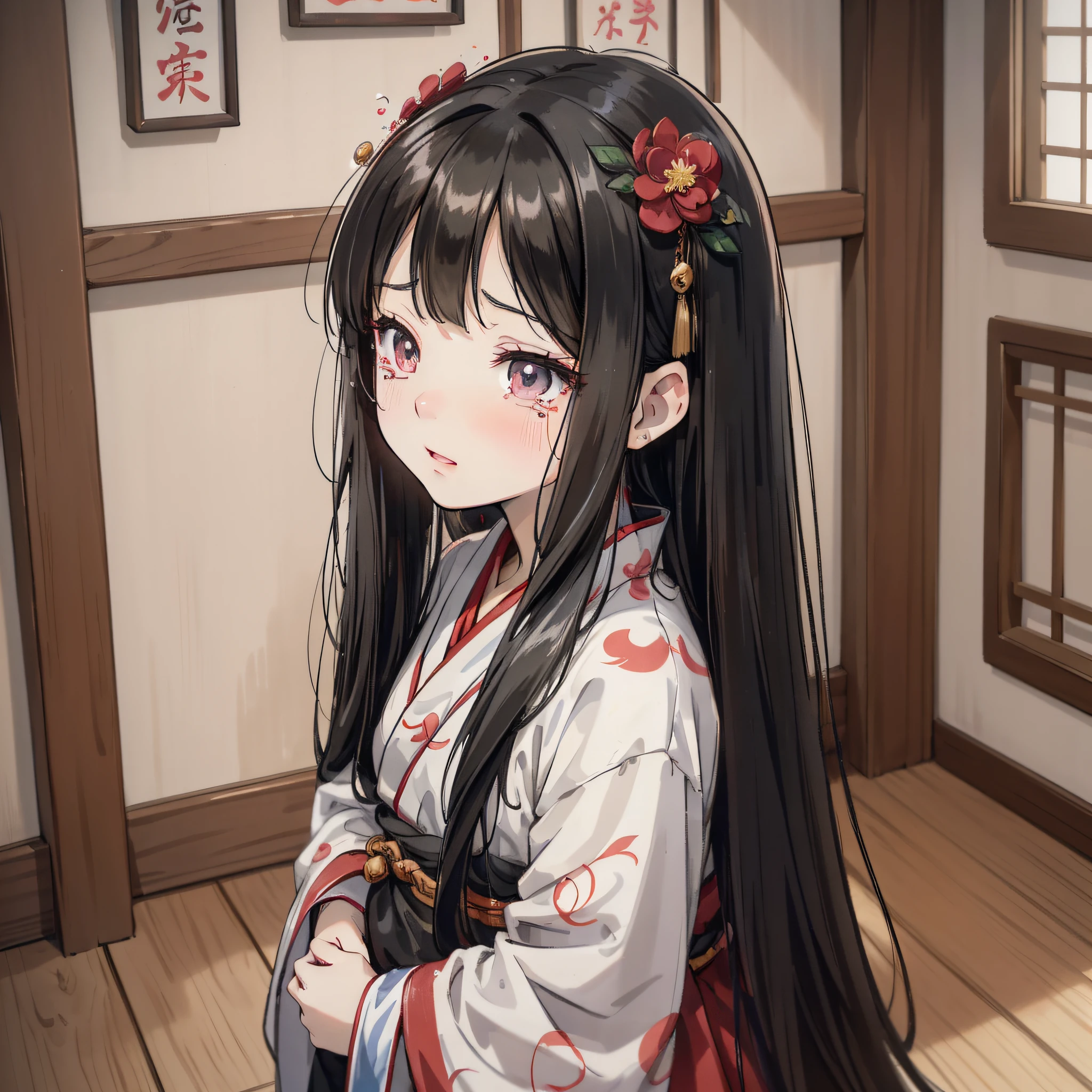 Ancient Chinese anime little girl with long black hair and about 10 years old wearing red Hanfu, red flower 1.3 (crying expression 1.5) (head down and tears 1.5) (tears 1.8) (open mouth crying 1.2) (background is ancient Chinese room 1.5) anime style 4 K, anime rendering, Guvez style artwork, anime style. 8k, Guvitz, beautiful anime girl, beautiful anime face, cute anime girl (big eyes full of tears 1.5) (upper body display 1.5) (crystal beautiful eyes 1.5) (poor milk 1.3) (juvenile little girl 1.3) (cinematic light 1.5)