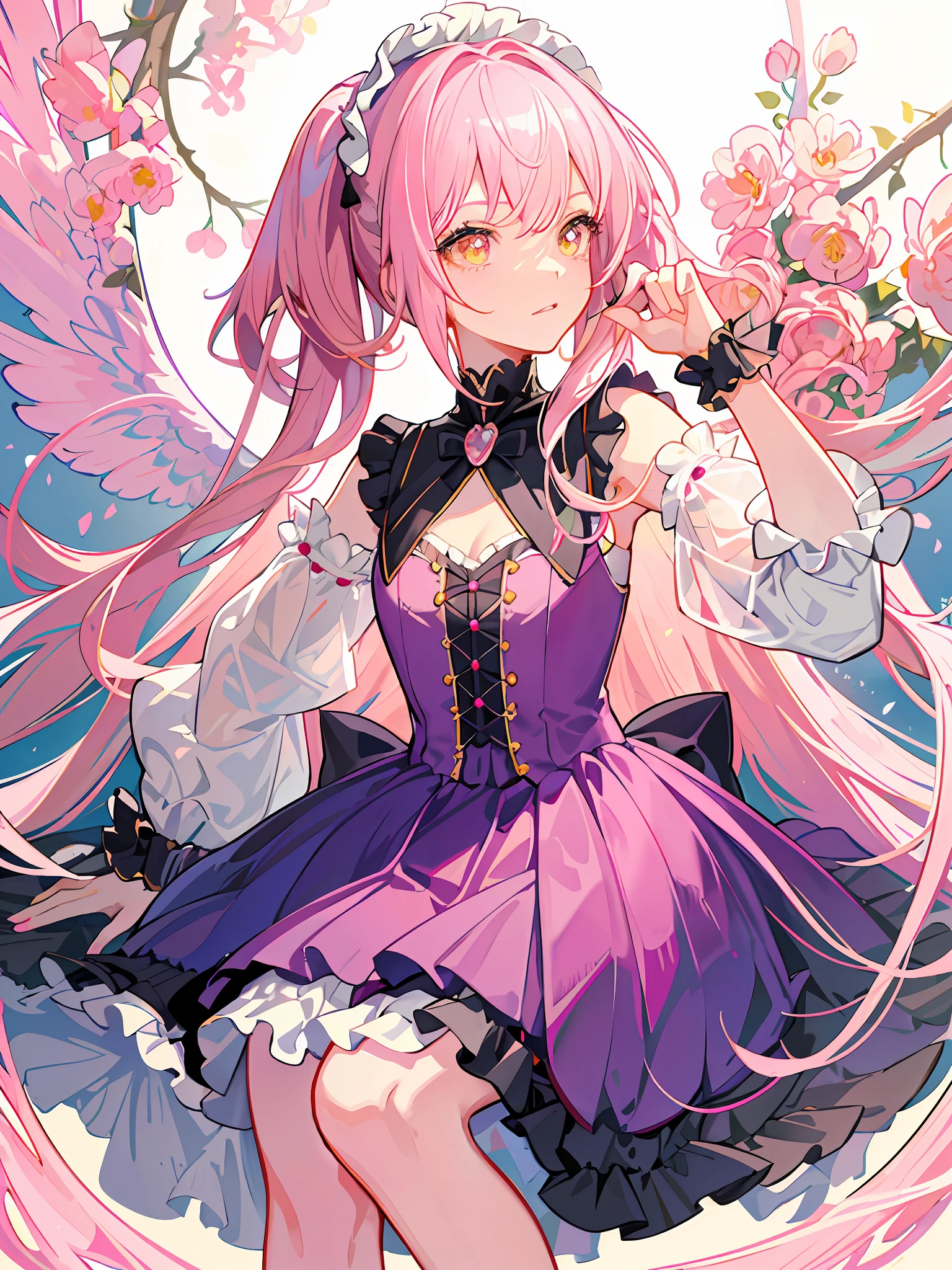 HD4k,masterpiece,best quality),masterpiece, best quality, ultra-detailed, there is a woman with a pink wig and a pink dress holding a mirror, portrait of magical lolita girl, portrait of magical girl, lolita style, fairycore,, lolita fashion, style of magical girl, anime girl cosplay, portrait of radical lolita girl, pink pastel, pastel pink skin tone,yellow background,