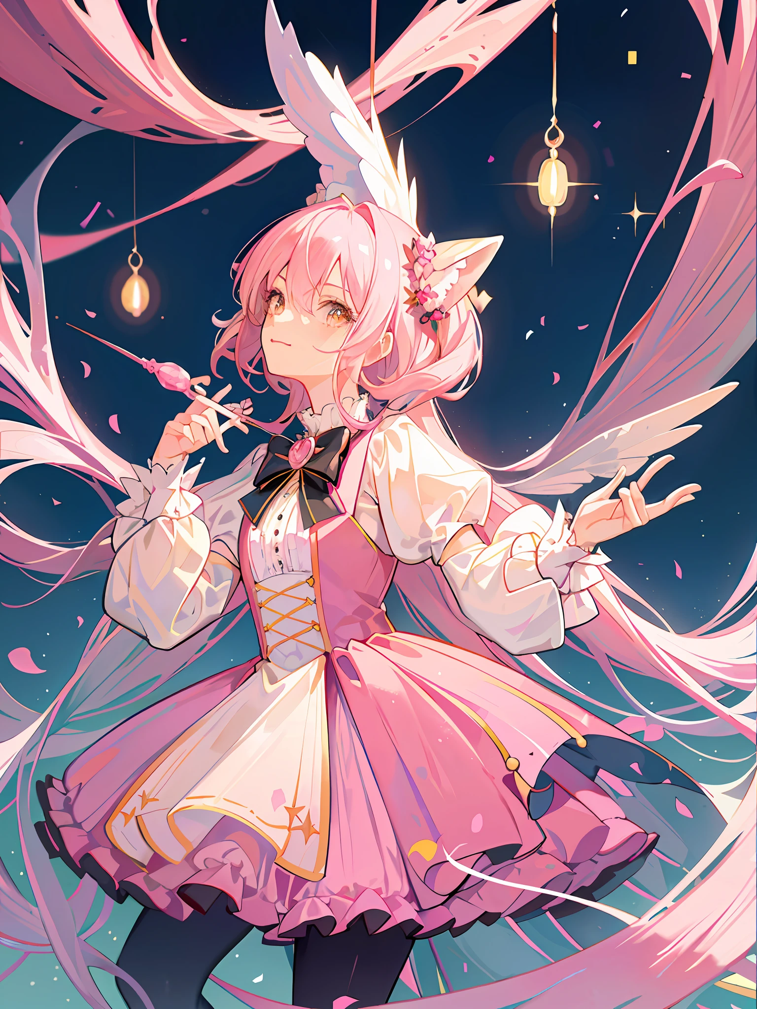HD4k,masterpiece,best quality),masterpiece, best quality, ultra-detailed, there is a woman with a pink wig and a pink dress holding a mirror, portrait of magical lolita girl, portrait of magical girl, lolita style, fairycore,, lolita fashion, style of magical girl, anime girl cosplay, portrait of radical lolita girl, pink pastel, pastel pink skin tone,yellow background,