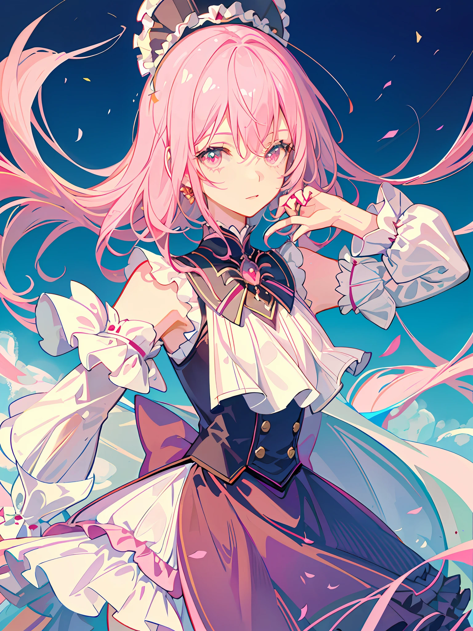 HD4k,masterpiece,best quality),masterpiece, best quality, ultra-detailed, there is a woman with a pink wig and a pink dress holding a mirror, portrait of magical lolita girl, portrait of magical girl, lolita style, fairycore,, lolita fashion, style of magical girl, anime girl cosplay, portrait of radical lolita girl, pink pastel, pastel pink skin tone,yellow background,