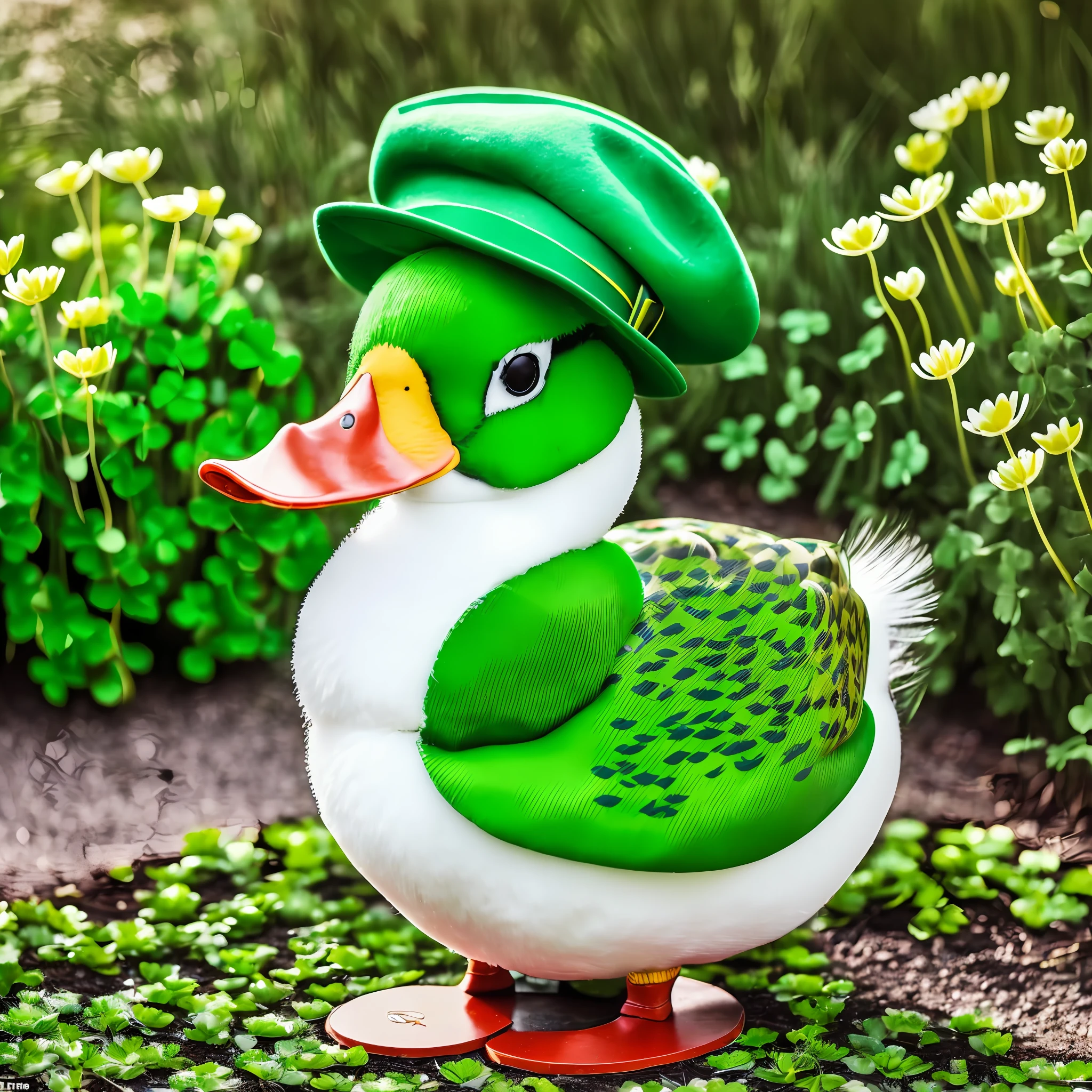 (a funny duck:1.2) with (a St. Patrick's hat), (looking at the viewer:1.3), (clover garden), (solo)