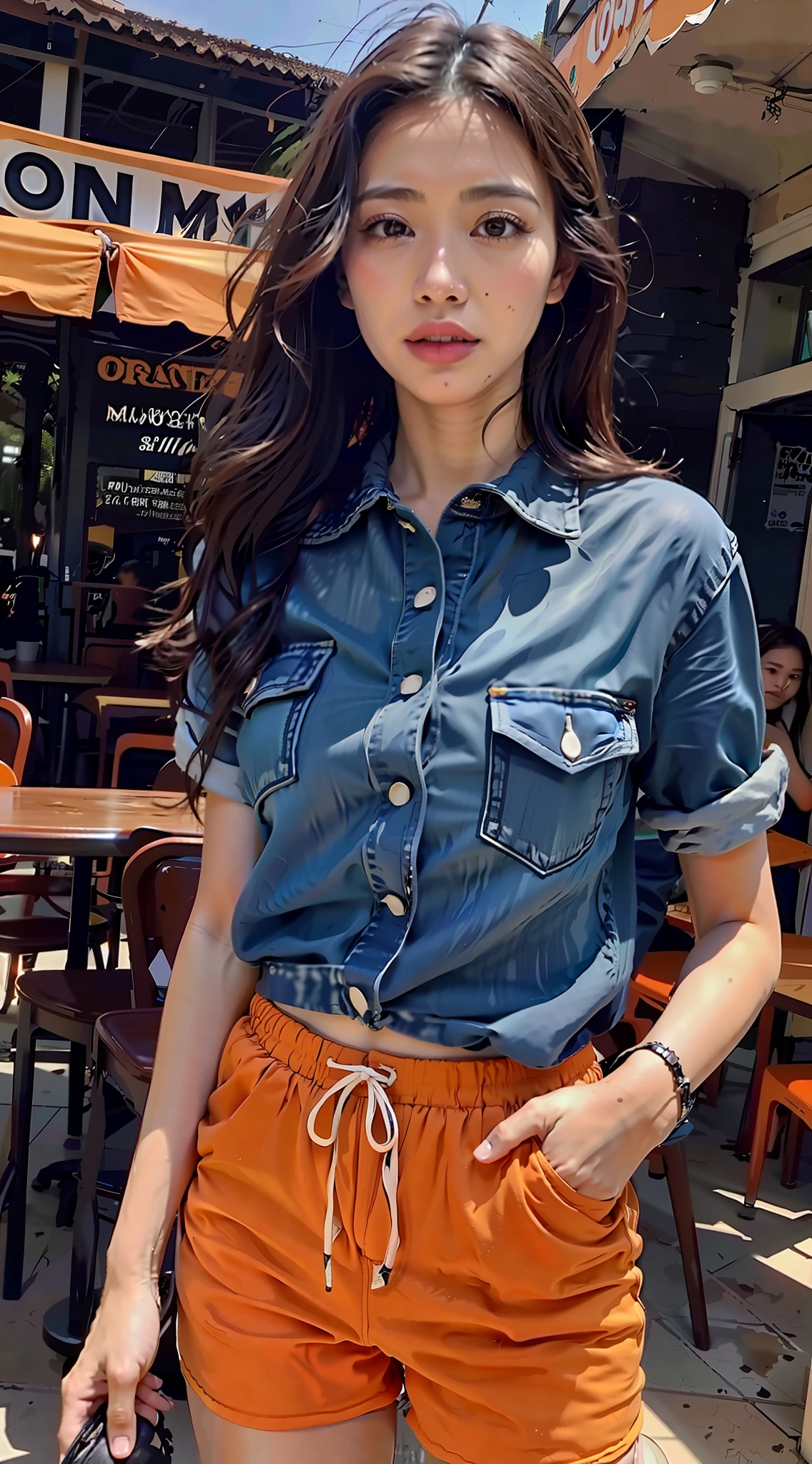 (Best Quality, Ultra-Real, 32k, Natural Light, Masterpiece, UHD: 1.2), Full Body, Young Beautiful Woman, (Short to Medium Dark Brown Hair), Natural Movements, Side Face Looking Away: 1.2, (Skin Texture Detail, Face Detail Detail: 1.2), (Loose Denim Shirt: 1.1), ((Orange Sweat Shorts: 1.8)), in an open-air restaurant, shooting from a distance