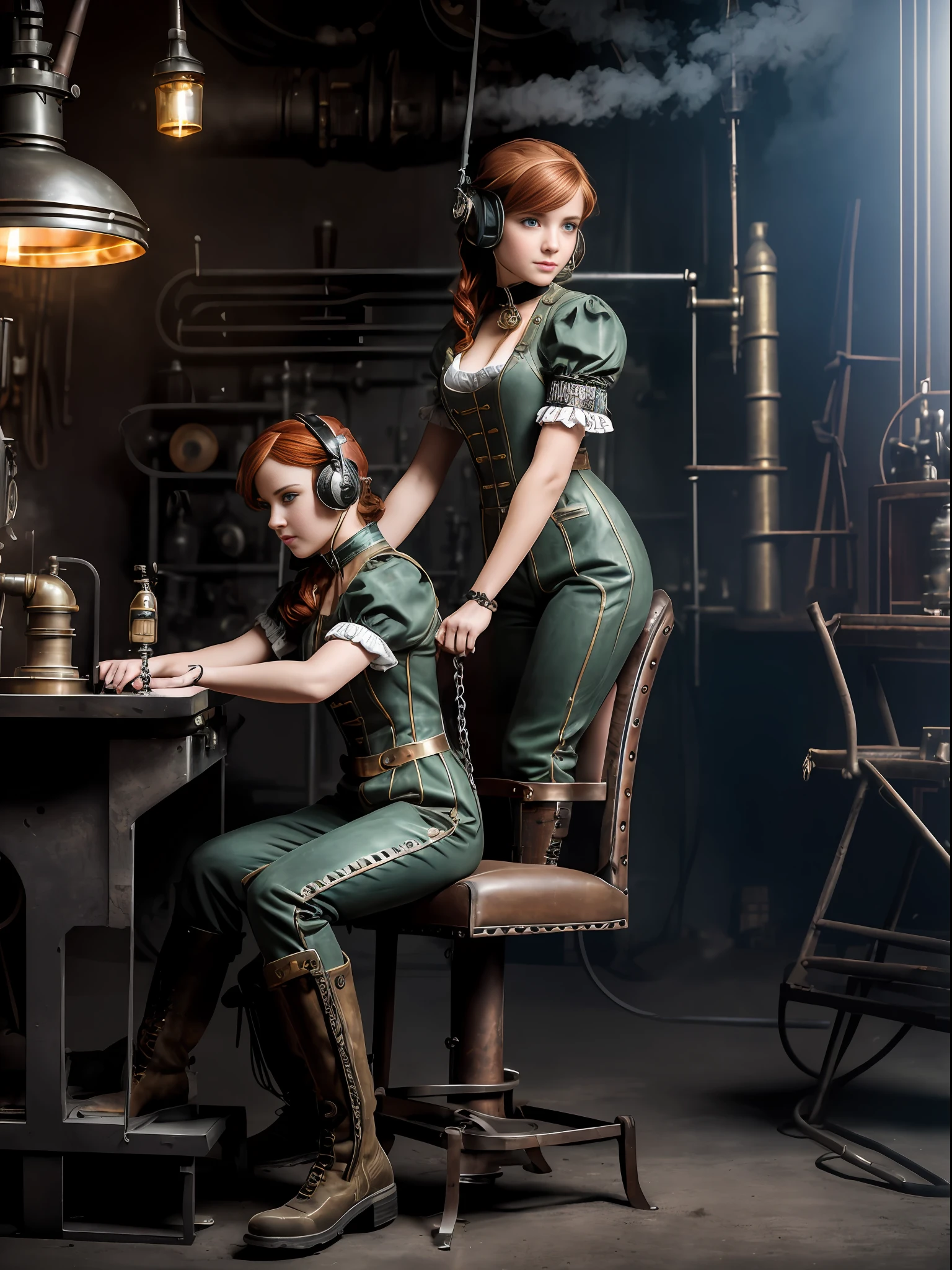 hyper photorealism, perfect anatomy, realistic character, very high contrast lighting, cinematic lighting, dramatic lighting, profile, shot from the back, shot from below, (((a girl on a chair is repairing a machine in the steamy smoky workshop))), (a 19 yo girl, (Ana de Armas:0.70), (redhead:1.1)), very cute and smiley, (perfect eyes:1.1), photorealistic wavy hair, a girl in a steampunk jumpsuit in light gray color, intercom headset, steampunk choker, long leather boots, perfect detailed face, detailed symmetric green eyes with circular iris, fixing a steam engine in the steampunk garage filled with steam and smoke, cogs and gears, steamy background with lots of steam pipes and steam valves and pressure gauges and gears, intricate background, very highly detailed costume, very highly detailed background, steampunk fantasy style, steampunk , steampunk aesthetic, steamy, Canon 5D, f1.8 lens