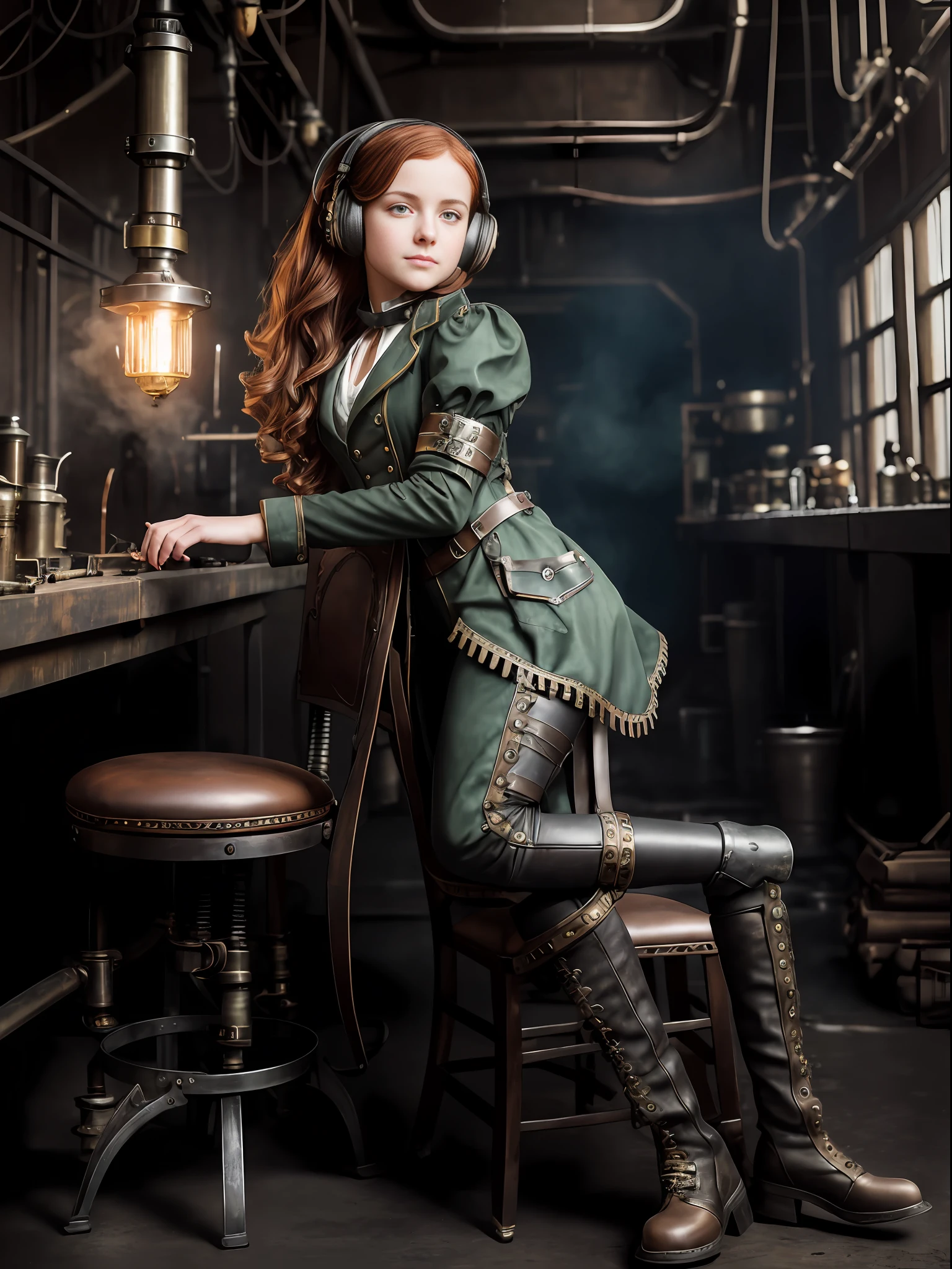 hyper photorealism, perfect anatomy, realistic character, very high contrast lighting, cinematic lighting, dramatic lighting, profile, shot from the back, shot from below, (((a girl on a chair is repairing a machine in the steamy smoky workshop))), (a 19 yo girl, (Ana de Armas:0.70), (redhead:1.1)), very cute and smiley, (perfect eyes:1.1), photorealistic wavy hair, a girl in a steampunk jumpsuit in light gray color, intercom headset, steampunk choker, long leather boots, perfect detailed face, detailed symmetric green eyes with circular iris, fixing a steam engine in the steampunk garage filled with steam and smoke, cogs and gears, steamy background with lots of steam pipes and steam valves and pressure gauges and gears, intricate background, very highly detailed costume, very highly detailed background, steampunk fantasy style, steampunk , steampunk aesthetic, steamy, Canon 5D, f1.8 lens