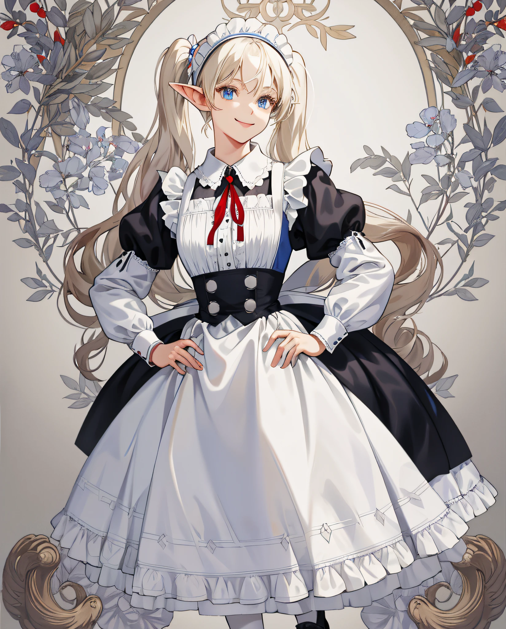 Elf, Girl, Solo, Full body, Platinum blonde,Twin tails, Blue eyes, Smiling, Maid outfit with long skirt with solid black long sleeve puff sleeves, Maid clothes with white cuffs, Black buttons on cuffs, Maid clothes with white collar, Embroidered one point at collar, Solid white chest-to-chest apron, Ruffles on apron shoulders, Red ribbon tie, Head headband with white ruffles, White pantyings, White panniers, Standing, Upper eyes, Hands on hips, Enameled shoes with black straps, Low heeled shoes, Mucha background