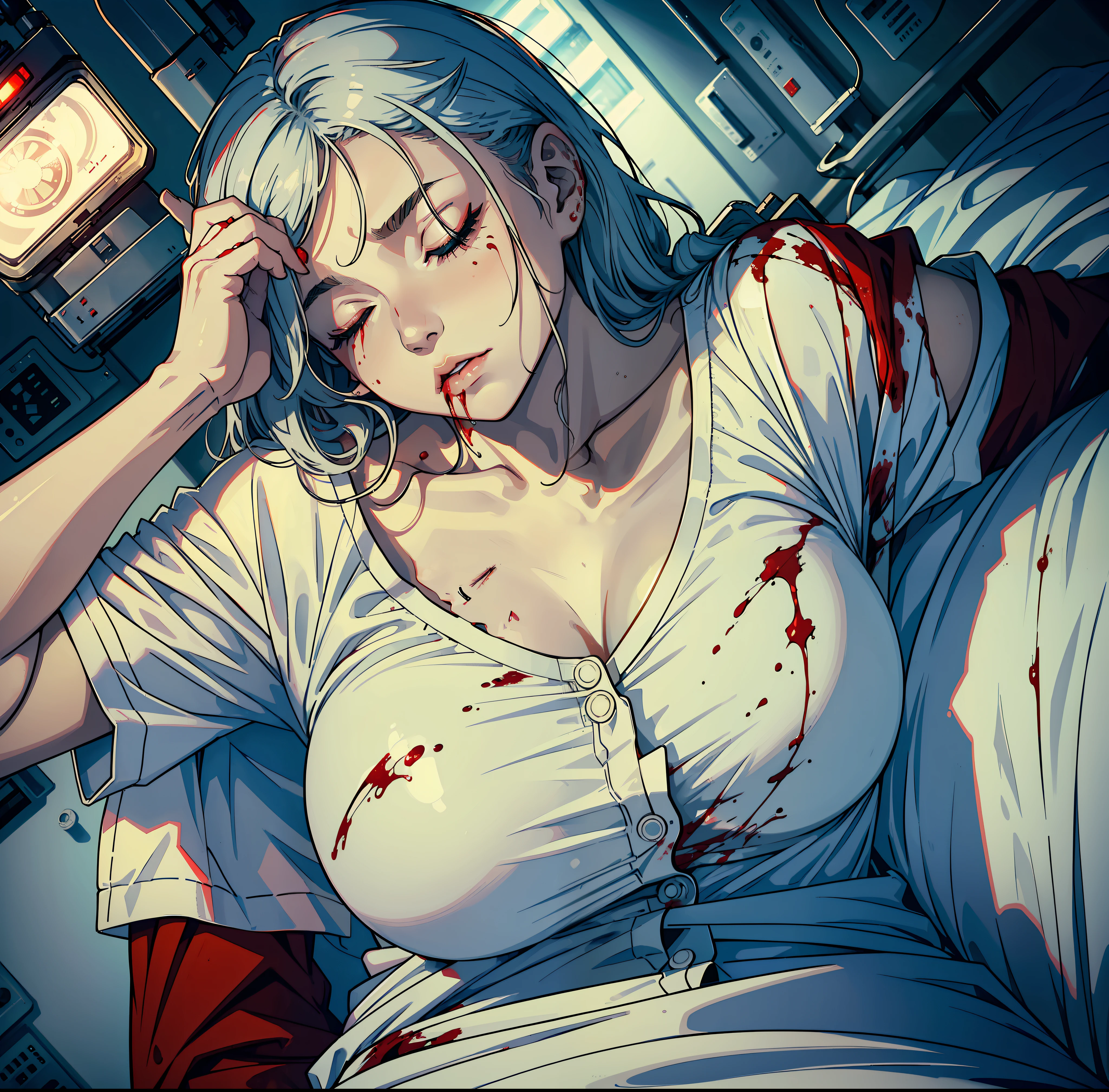 ((A young woman sleeping in a hospital bed)) Full body photo, red blood stained on clothes, eyes closed, head tilted, (bleeding from the corners of the eyes bloodshot red liquid), pale, thin body, miserable, seriously ill, dead. ((bleeding from the corners of the mouth)). Sad pictures, sci-fi lights, movie lights, hospital beds. Mess