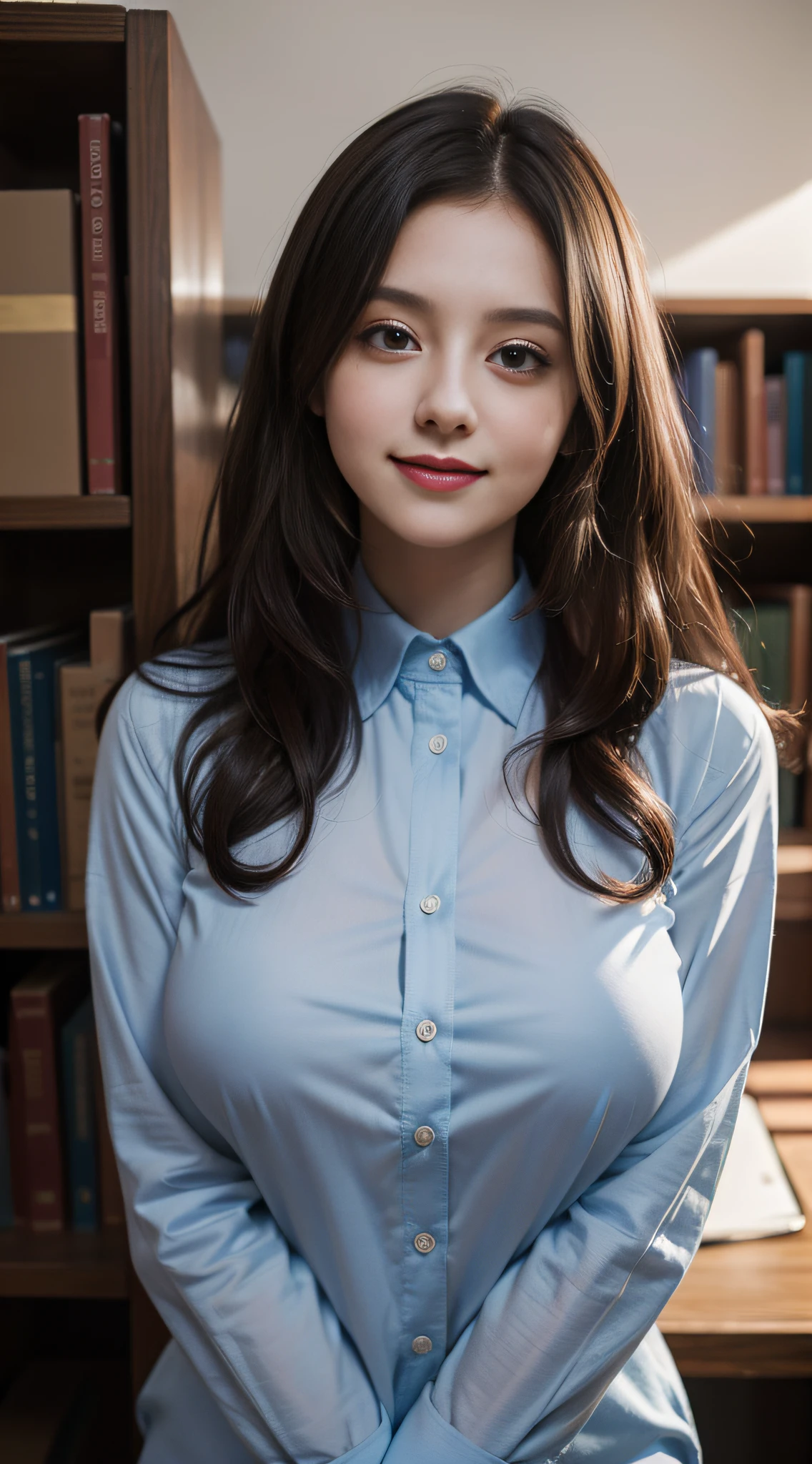 (dasha taran),upper half of body,Big eyes,small face,long sleeve button down shirt,librarian suit,in the dark,thick body:1.8,huge breasts:1.6,Loose and fluffy curls,lustrous skin,smile