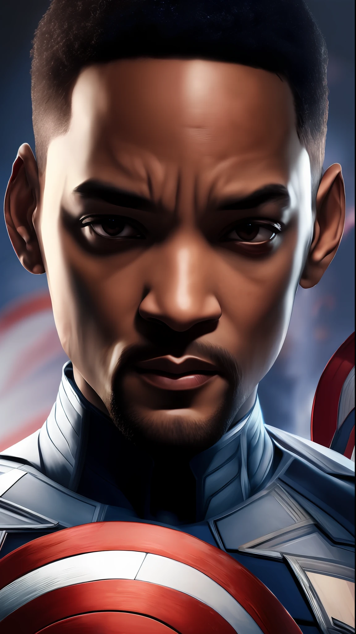 . .Tarantino style Will Smith as Captain America 8k, high definition, detailed face, detailed face, detailed eyes, detailed suit, in style of marvel and dc, hyper-realistic, + cinematic shot + dynamic composition, incredibly detailed, sharpen, details + superb details + evening with light + perfectionism + award winning realism ((moody lighting))