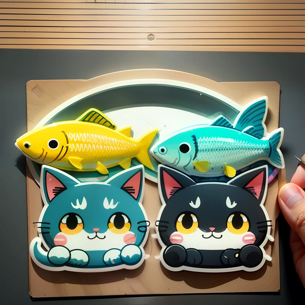 cute cartoon cat cutting fish sticker, anime style, no backgound color --auto --s2