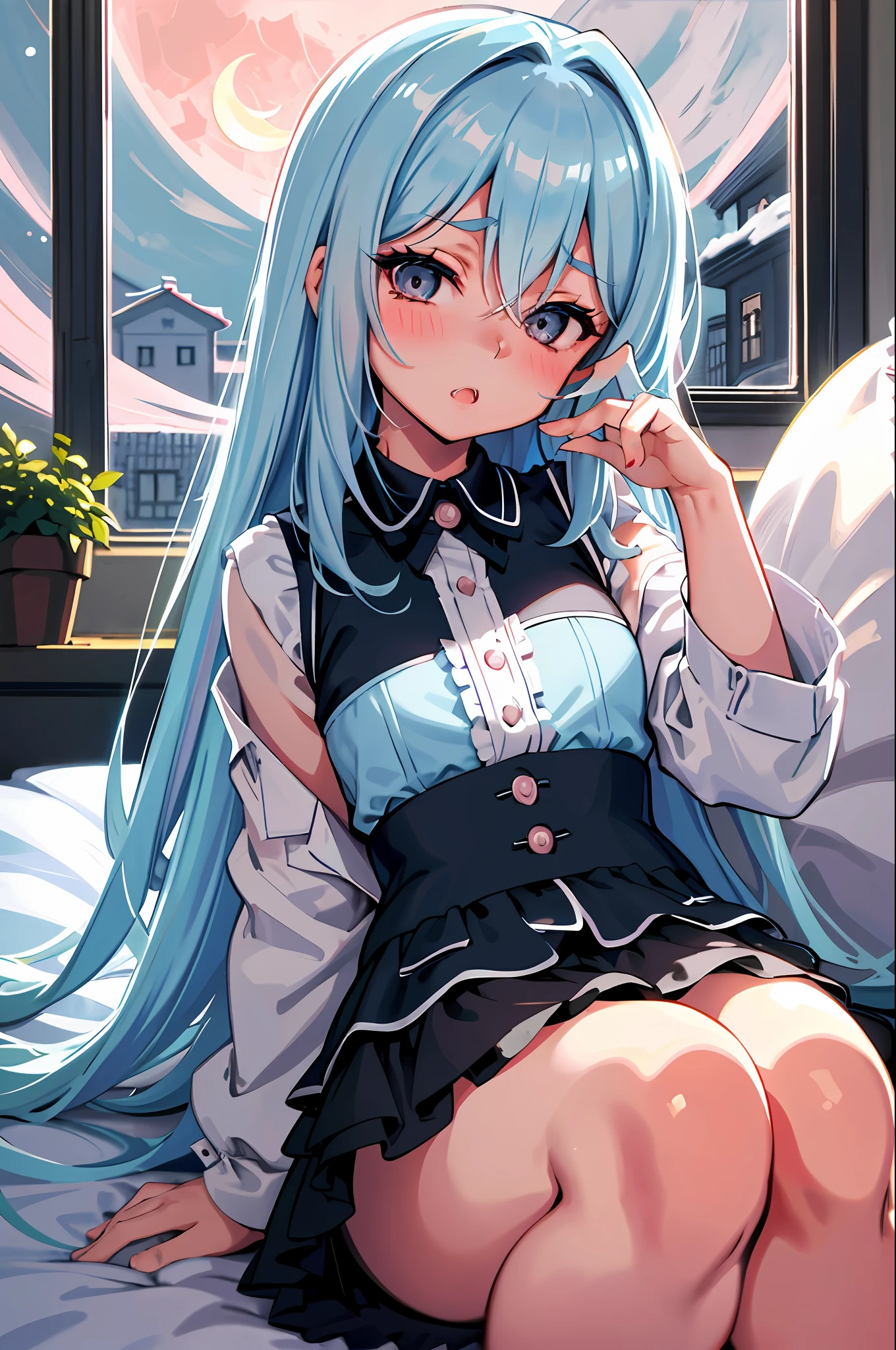 flat paint, zoomed in on the very face, light blue inner color hair original character, volume lighting, vest shadow, shallow depth of field, portrait of an amazingly beautiful girl, delicate and beautiful attractive face with petite and seductive black eyes, half-closed eyes, yawning, mouth open, cute fangs, nice small breasts, layered medium gray hair, blush eye shadow, Thick eyelashes, costume animal pajamas, dreamy attic bedroom, sitting on a comfortable bed, with animal pillow, lovely comforter cover of the moon nebula, under a round round window, (top quality, great details: 1.25), (solo: 1.3), vivid colorful painting