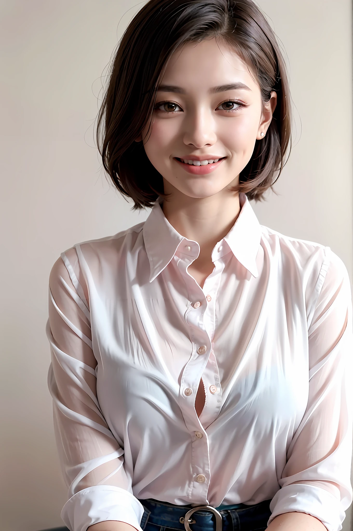 (8k, top quality, masterpiece: 1.2), (realistic, photorealistic: 1.37), super detailed, girl single, cute, solo, sitting, dating, (blush), (smile: 1.15), (closed mouth), big breasts, gaze staring at camera, breast staring at camera, fine beautiful eyes, large round eyes, clear double eyelids, eyelashes, (shirt with collar: 1.1), wet, office clothesNovaFrogStyle, White Lace, (Short Hair: 1.2), Floating Hair, Topless, Bangs, Long Neck, Happy Smile, Pretty Face, Realistic Skin Texture, Unbutton, Light Pink Lips, Really Nothing Background, Really Immaculate Background, 18 years old, High School