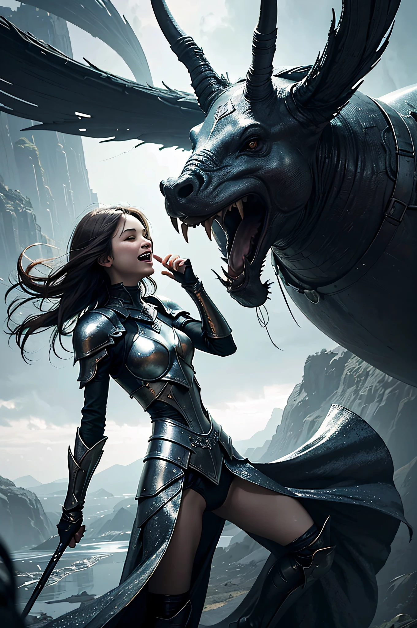 1girl, shiny armor, laughing, Subtle narrative, enigmatic atmosphere, atmospheric perspective, fluid movement, ethereal quality,solo,low fantasy,Lively Brushwork, Striking Composition, Psychedelic Imagery,