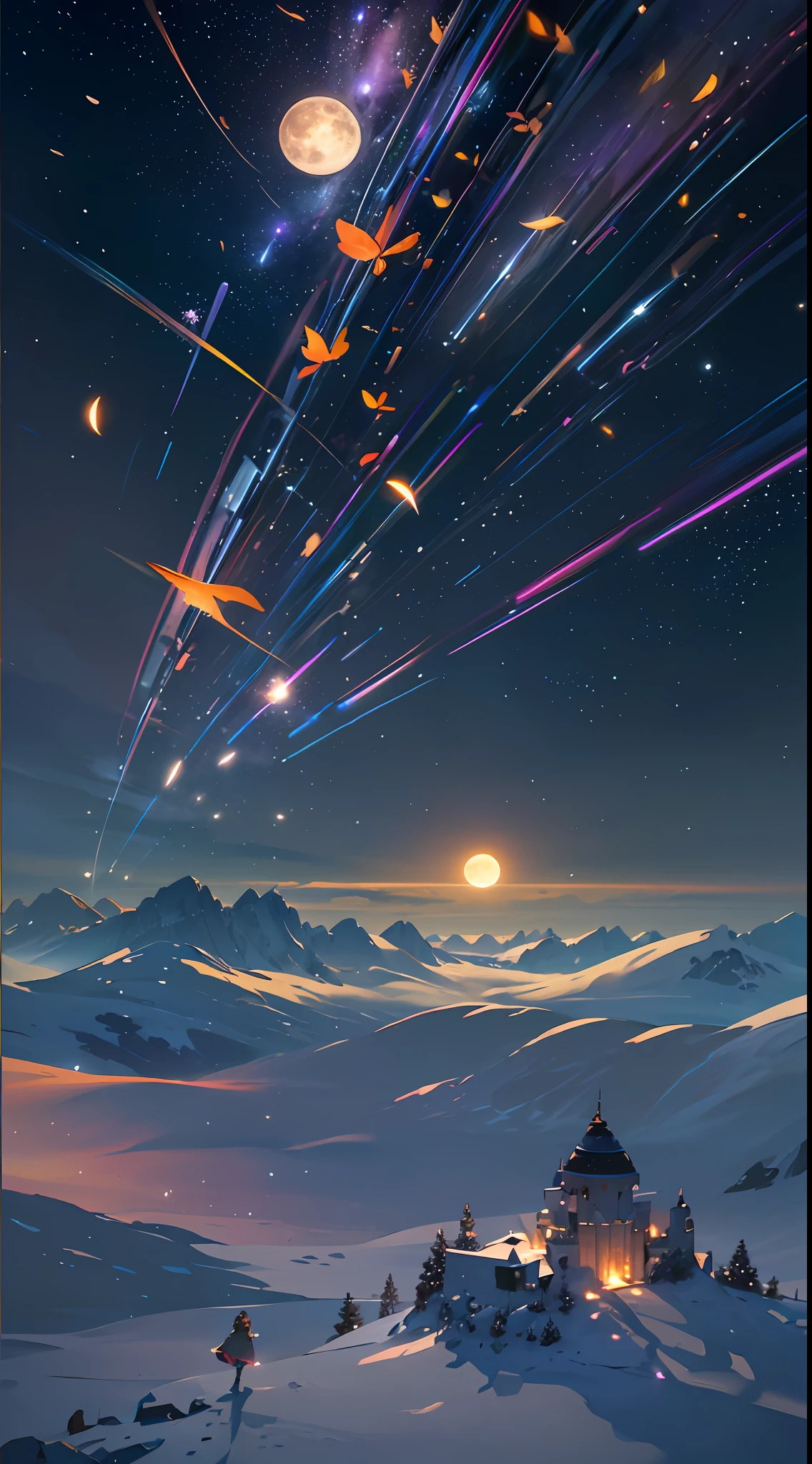 Vast landscape photo, (viewed from below, the sky is above and the open field is below), a girl standing on a flower field looking up, (full moon: 1.2), (meteor: 0.9), (nebula: 1.3), distant mountains , Trees BREAK Crafting Art, (Warm Light: 1.2), (Fireflies: 1.2), Lights, Lots of Purple and Orange, Intricate Details, Volumetric Lighting, Realism BREAK (Masterpiece: 1.2), (Best Quality), 4k, Ultra-Detailed, (Dynamic Composition: 1.4), Very Detailed, Colorful Details, (Rainbow Colors: 1.2), (Glow Lighting, Atmospheric Lighting), Dreamy, Magical, (Solo: 1.2) --auto --s2