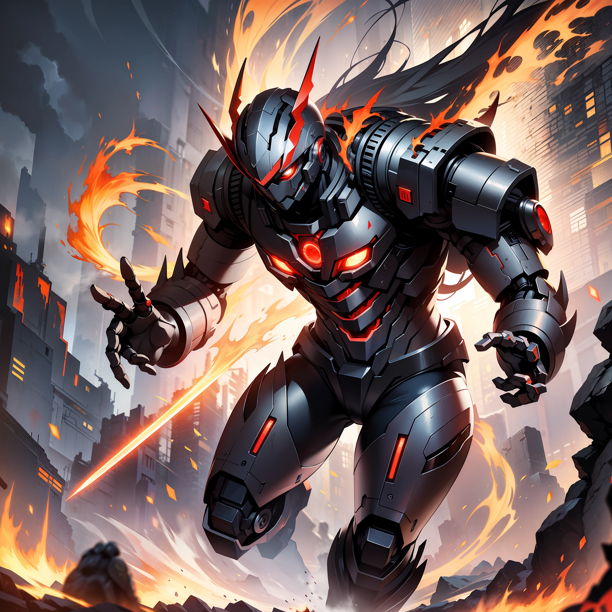Masterpiece, better quality, environment in red aura. Male robot android with demon mask in his mouth letting out lava, holding a giant sword on his shoulder, in pose of running very fast.