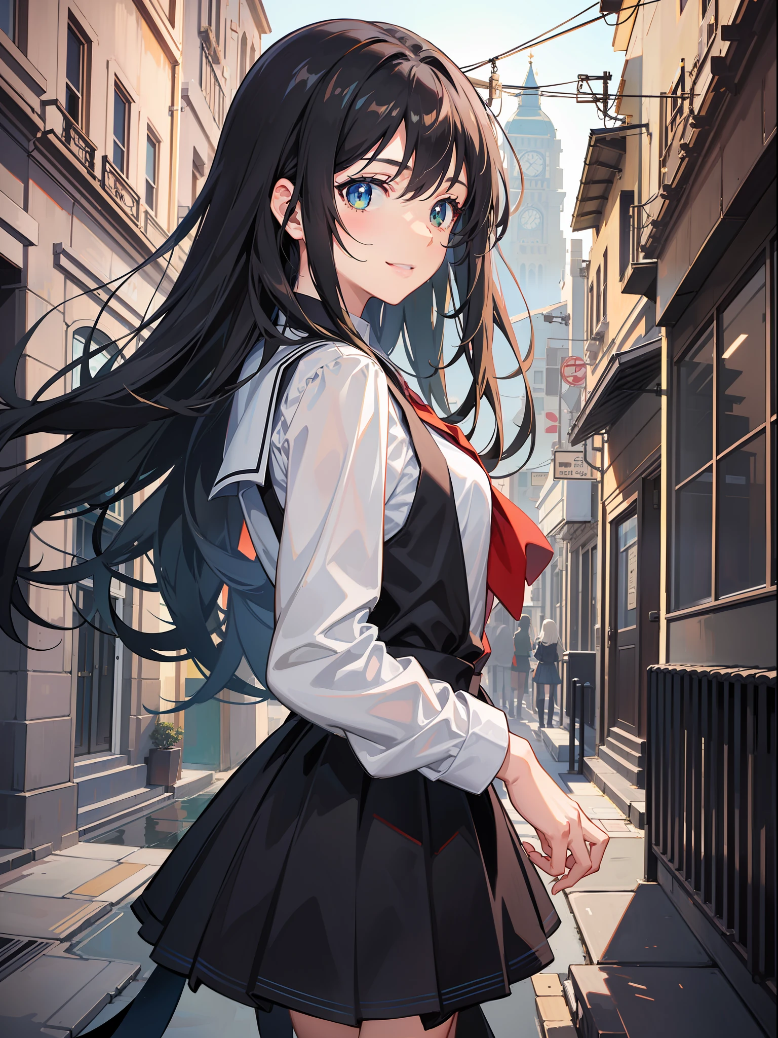Two-dimensional, a girl, girl, black hair, hair between the eyes, long hair, scattered, hair blown up by the wind, green eyes, deep eyes, big watery eyes, smile, gentle, sister fan, sister, girls' high school uniform, JK, high-grade lighting, exquisite picture, exquisite eyes, best shadow, best picture quality, best light, rich details, atmosphere, high resolution, masterpiece