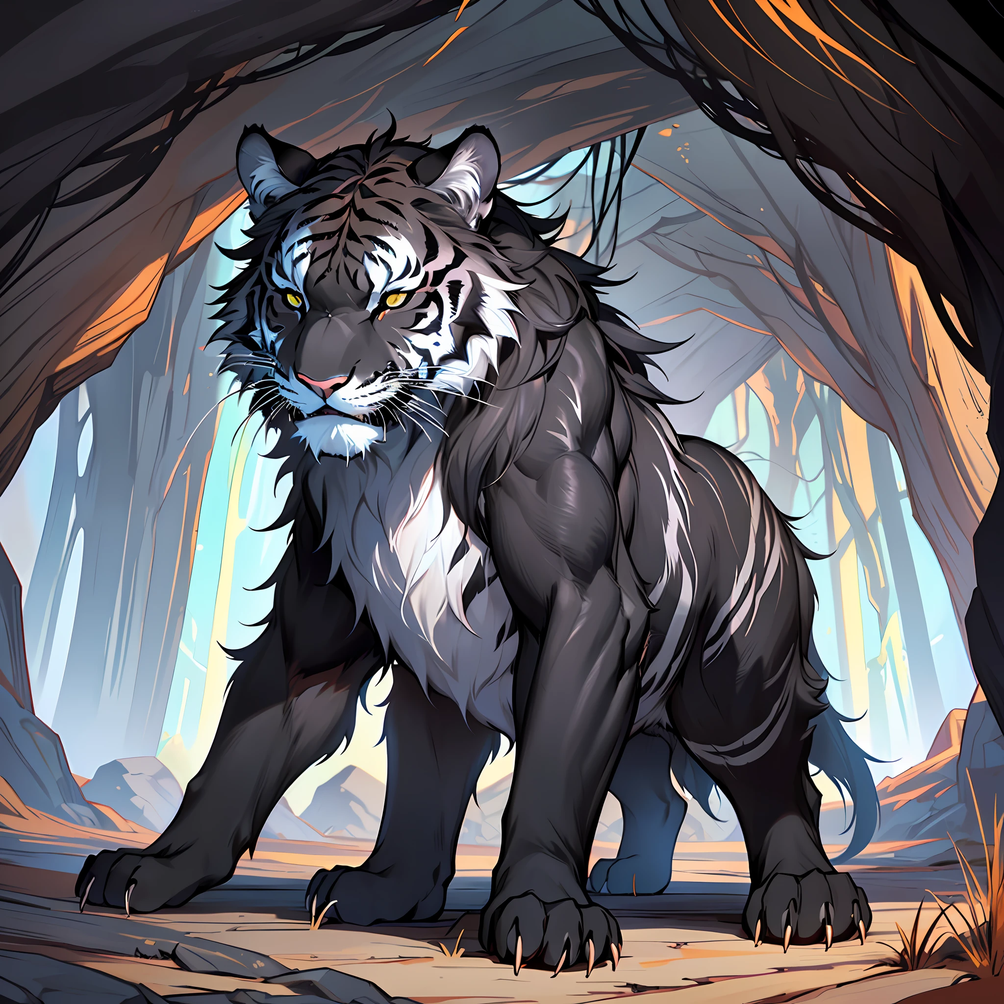 A black tiger, (black fur all over), tall and mighty, strong limbs, mighty and domineering, lying on the ground, eyes closed, caves, caves, black magic, vistas, (((with full black fur and delicate skin: 2.0)))